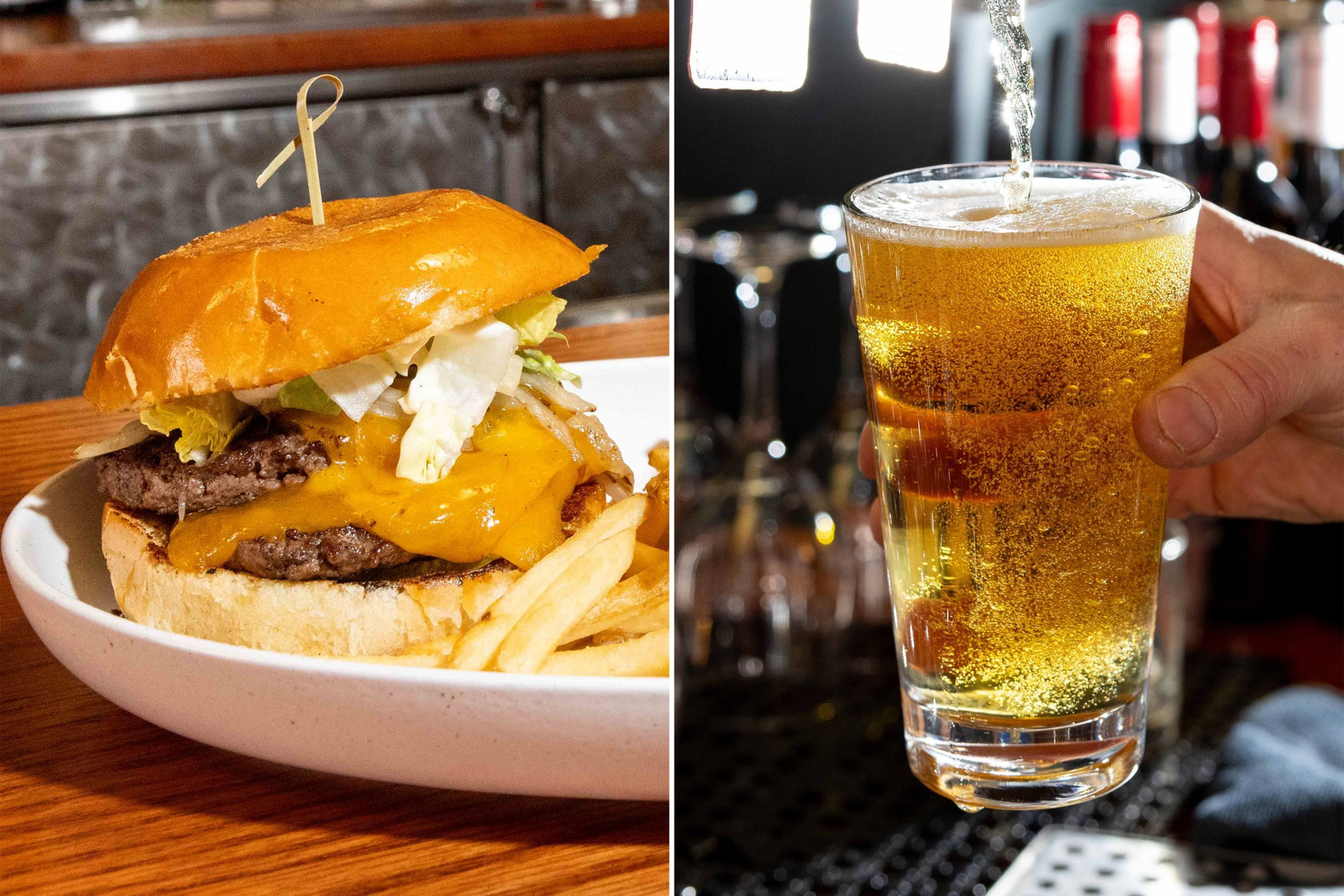 A photo of a burger and beer