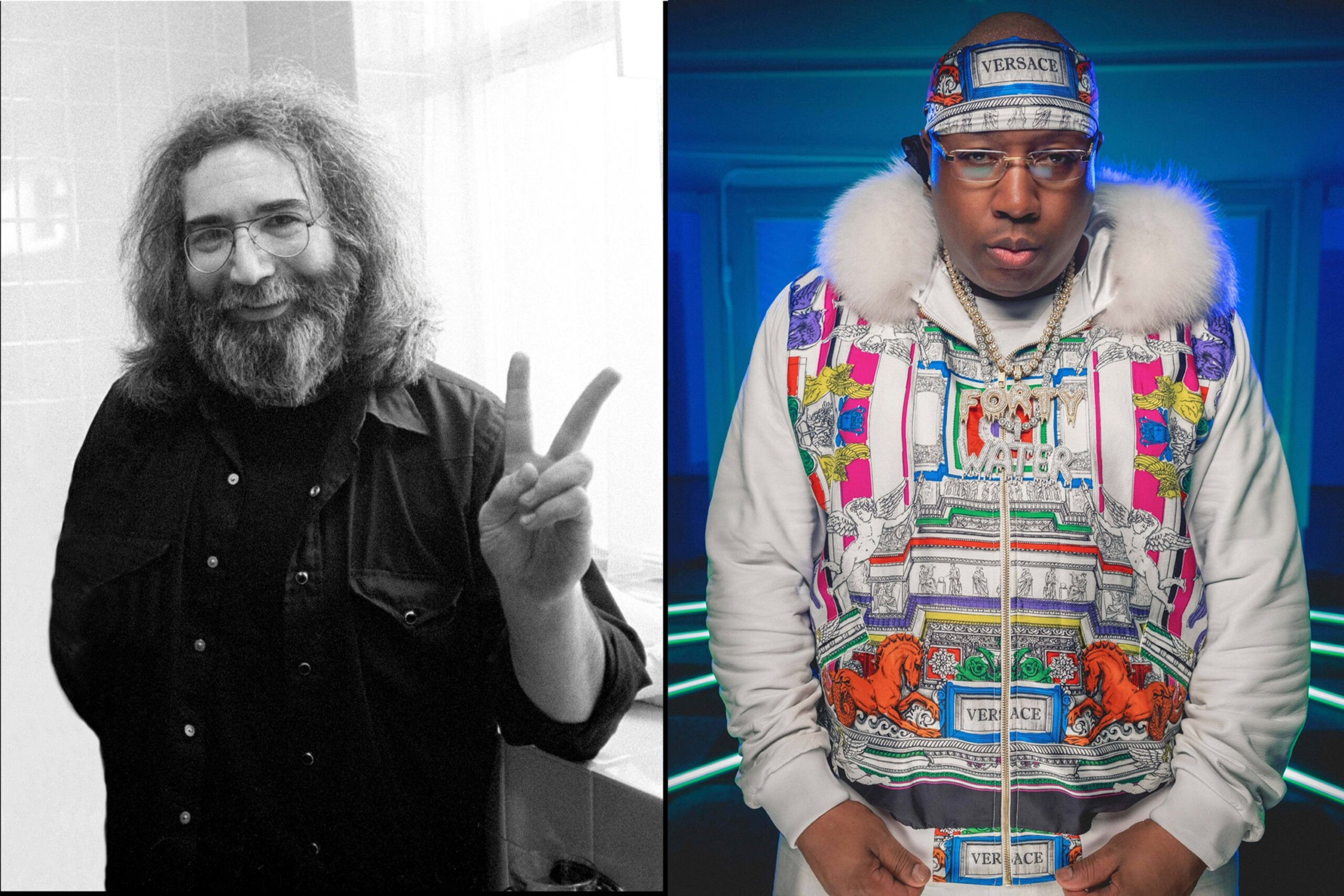 A man with long curly hair and glasses smiles, showing a peace sign in black and white; another man wears colorful Versace clothing and jewelry.