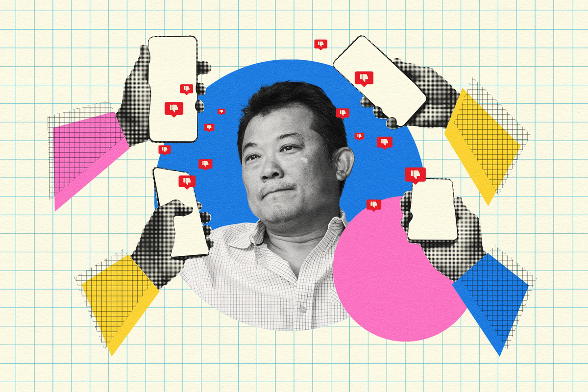 A man looks thoughtful or annoyed while multiple hands hold phones showing thumbs-down icons around him.