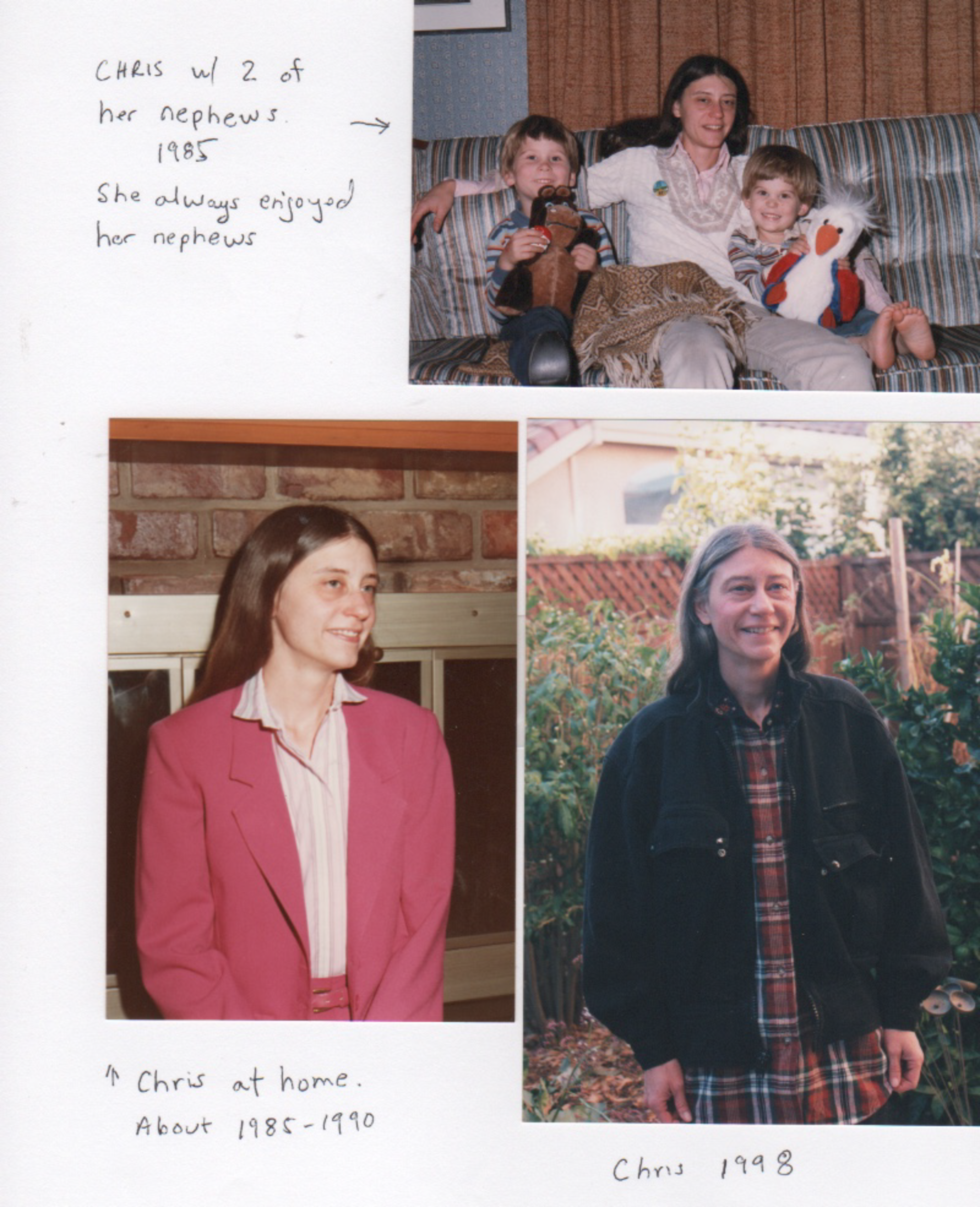 A woman named Chris is pictured in three photos: sitting with two young nephews in 1985, smiling indoors in a pink blazer around 1985-1990, and standing outdoors in 1998.