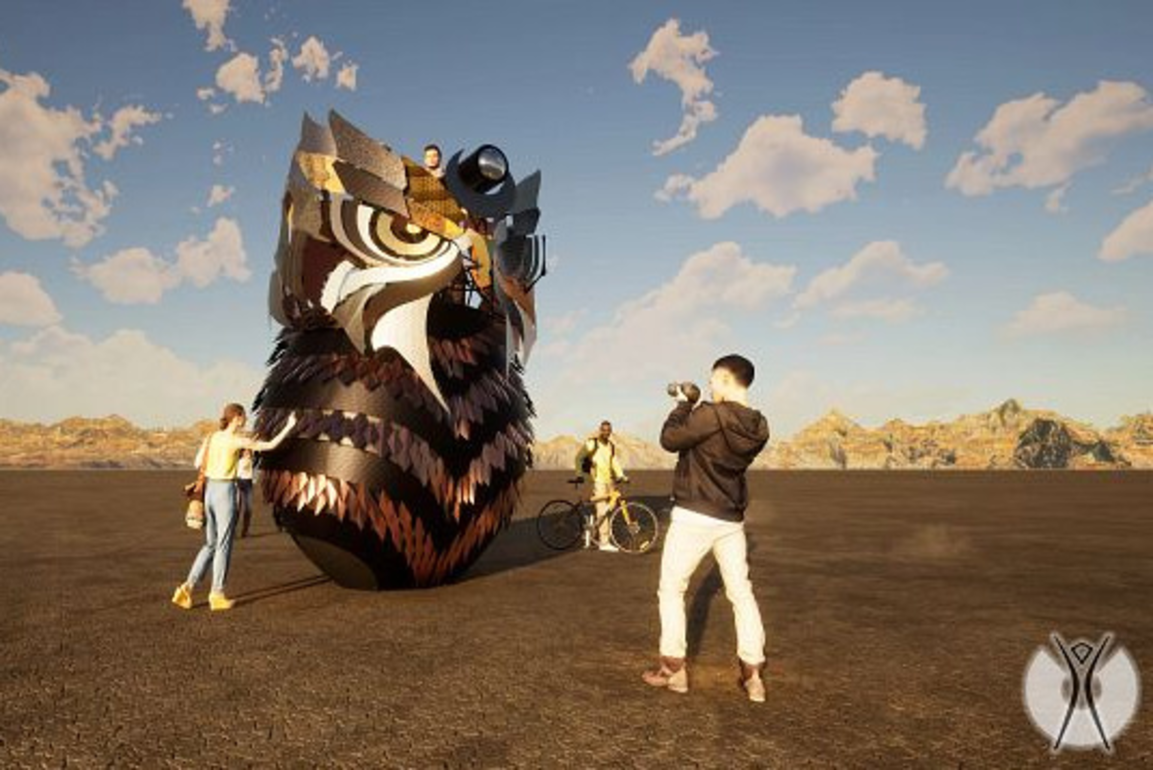 A large, detailed owl sculpture stands on barren ground with people around it, one photographing and another riding a bike nearby under a cloudy sky.