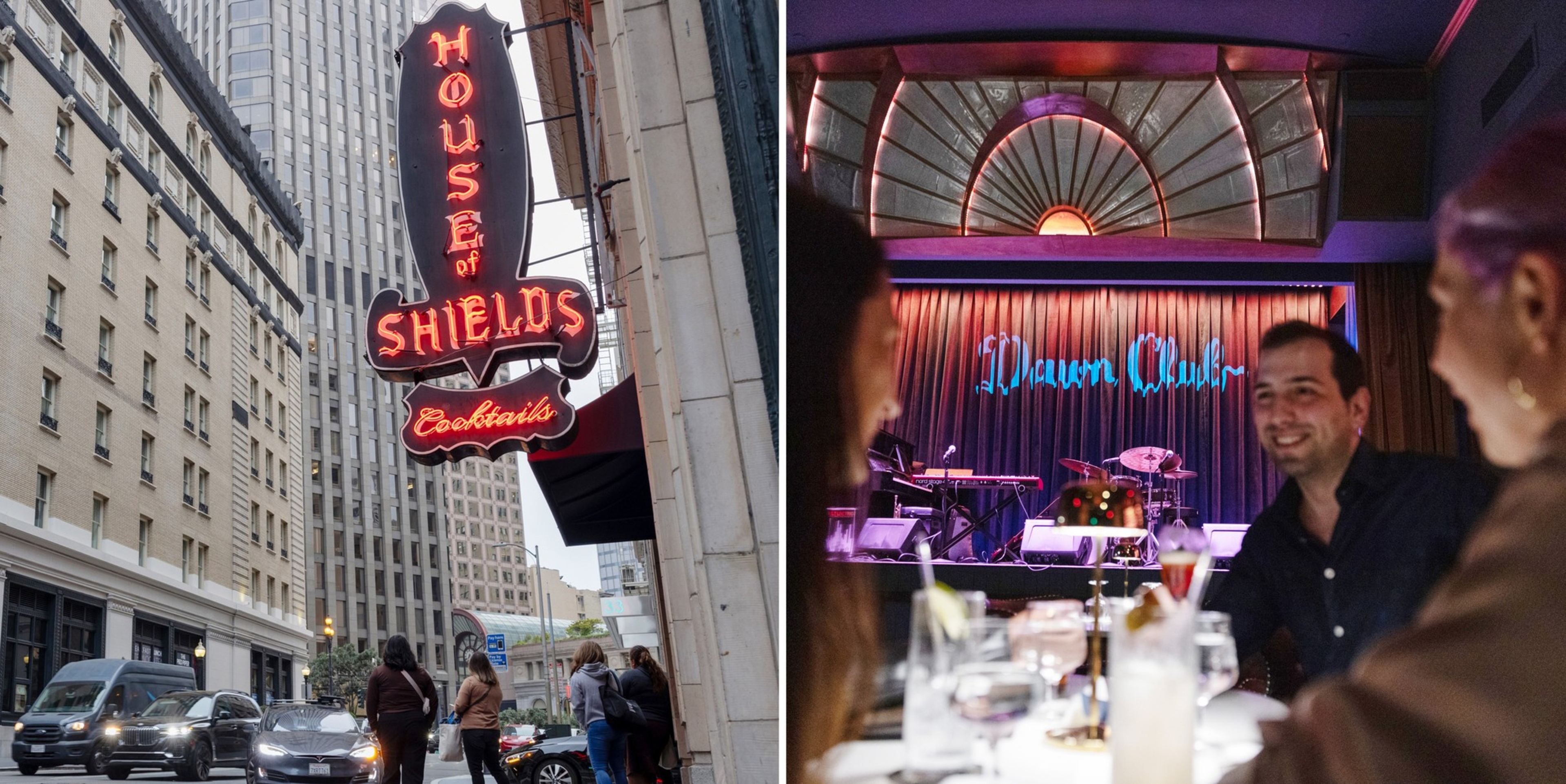 A neon sign reading "House of Shields Cocktails" hangs outside a city building, while three people enjoy drinks inside a dimly lit jazz club with stage instruments.
