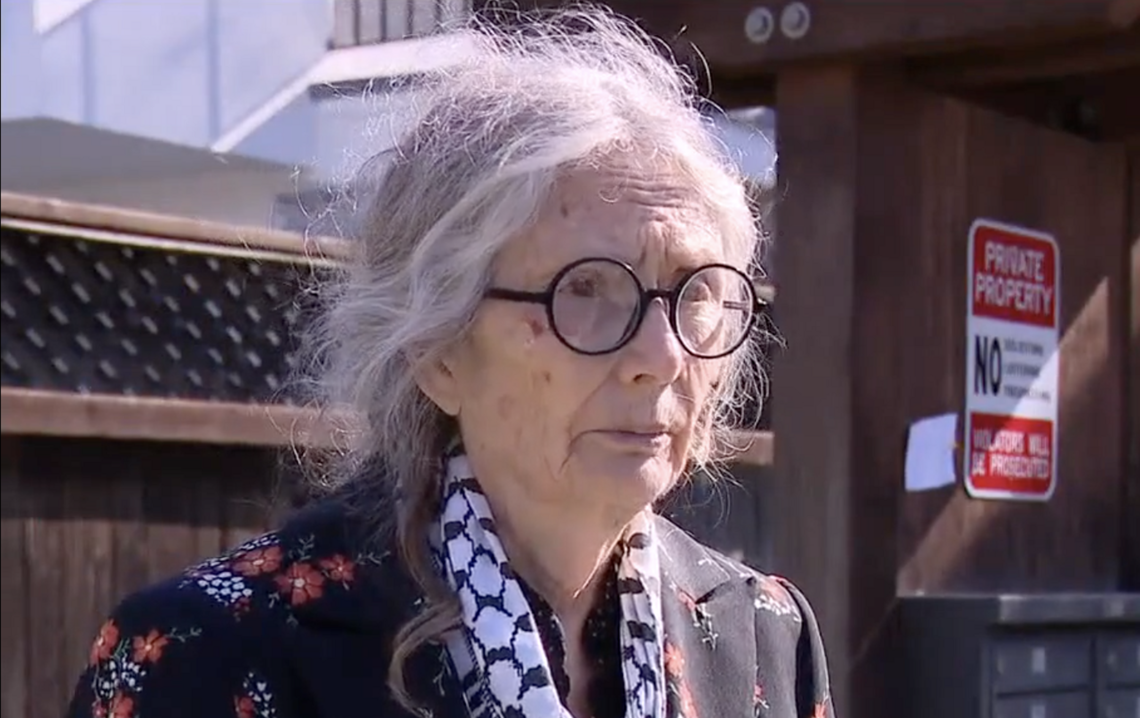 An elderly woman is interviewed by a reporter in front of a mailbox.