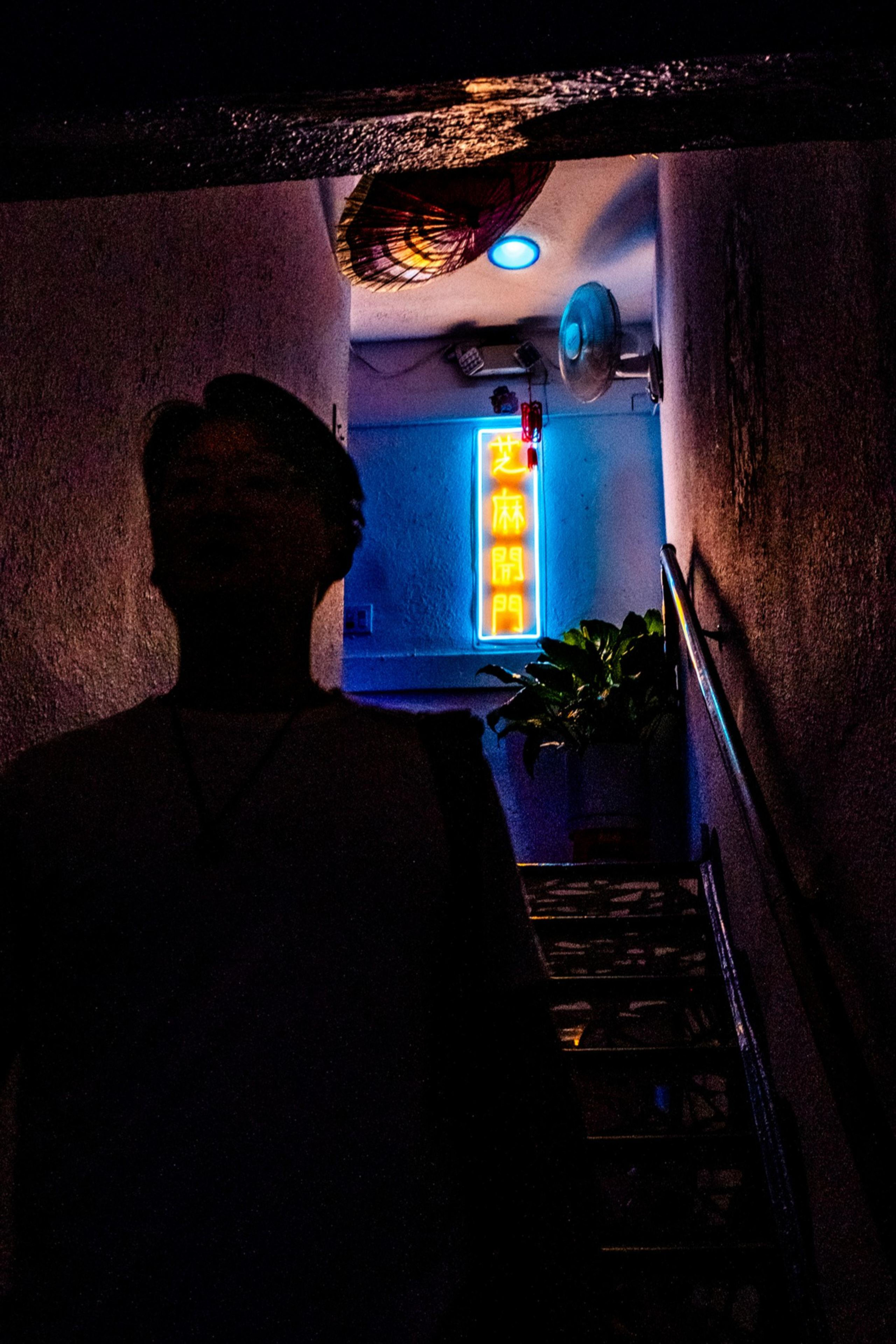 A shadowed figure is silhouetted against a brightly lit stairwell with neon signs in warm colors and a plant on the side, creating a mysterious atmosphere.