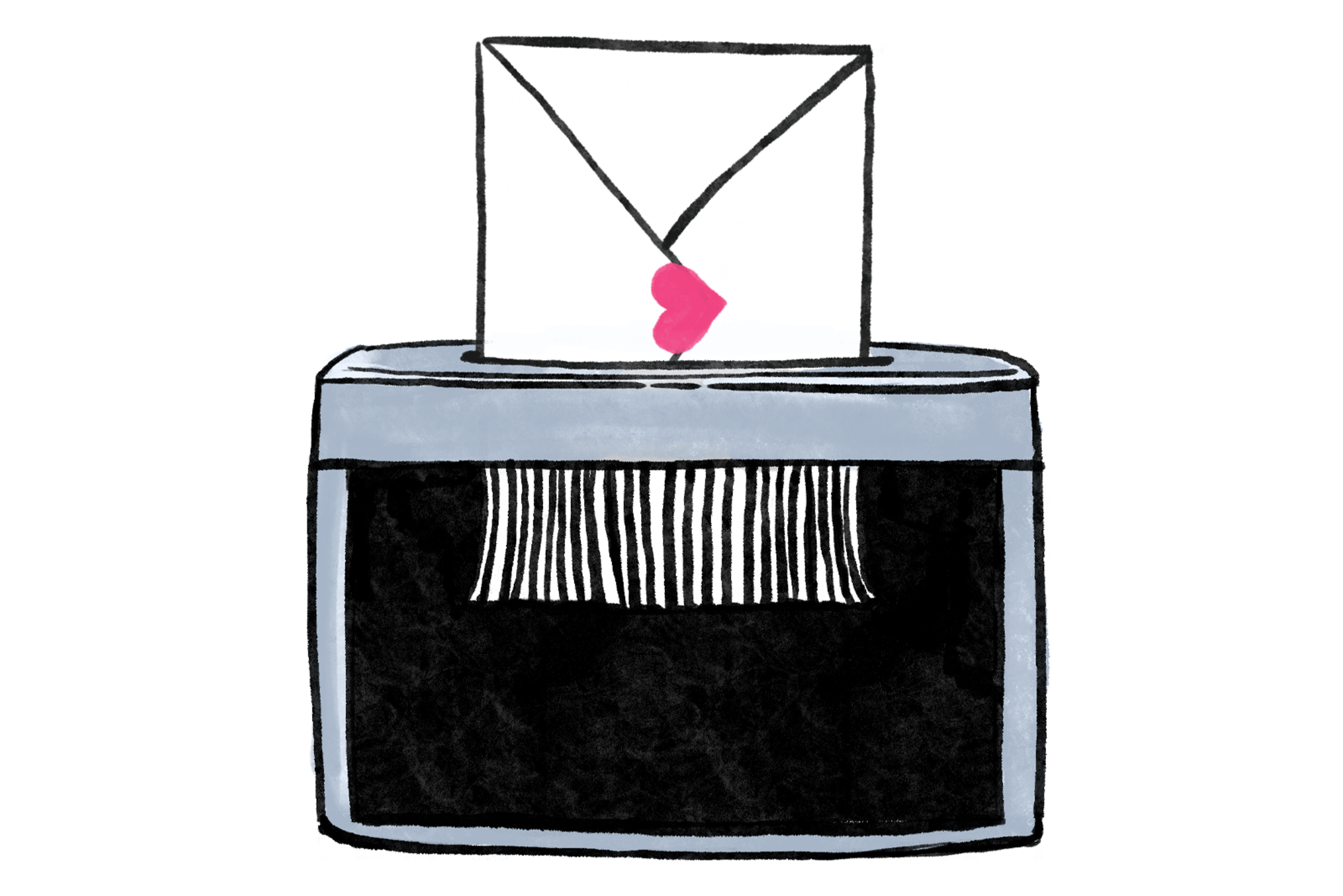 An envelope with a pink heart seal is being shredded by a gray paper shredder, with shredded strips falling below.