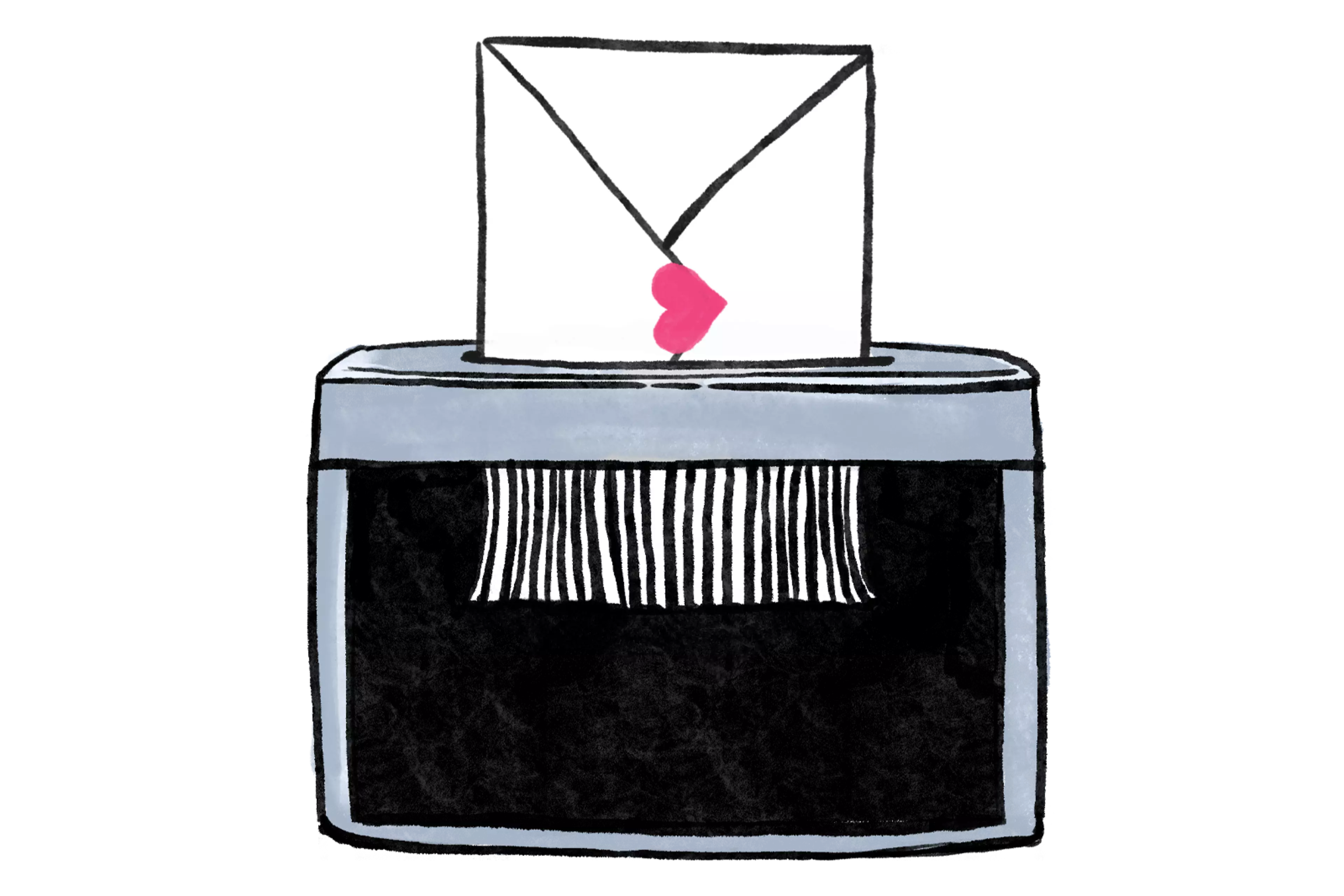 An envelope with a pink heart seal is being shredded by a gray paper shredder, with shredded strips falling below.
