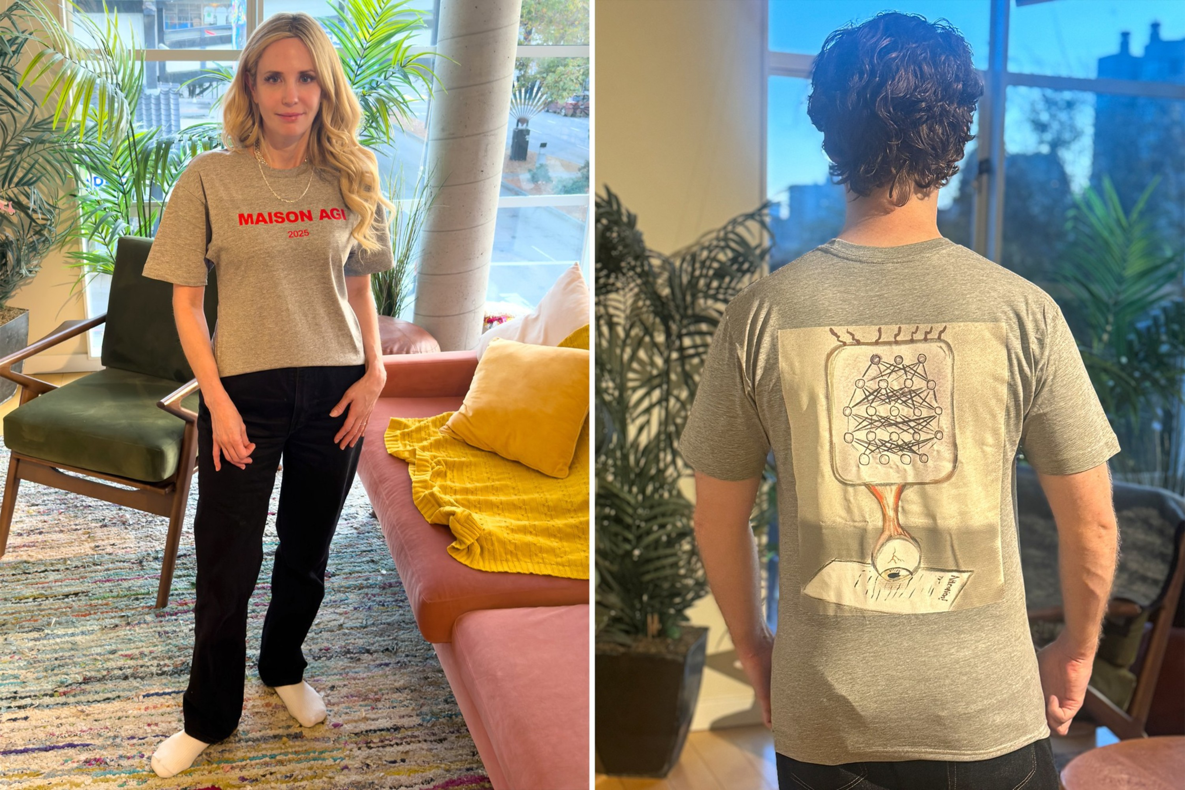 A woman faces forward wearing a grey &quot;MAISON AGI&quot; t-shirt and black pants; a man faces away wearing a grey t-shirt with a neural network diagram illustration on the back.