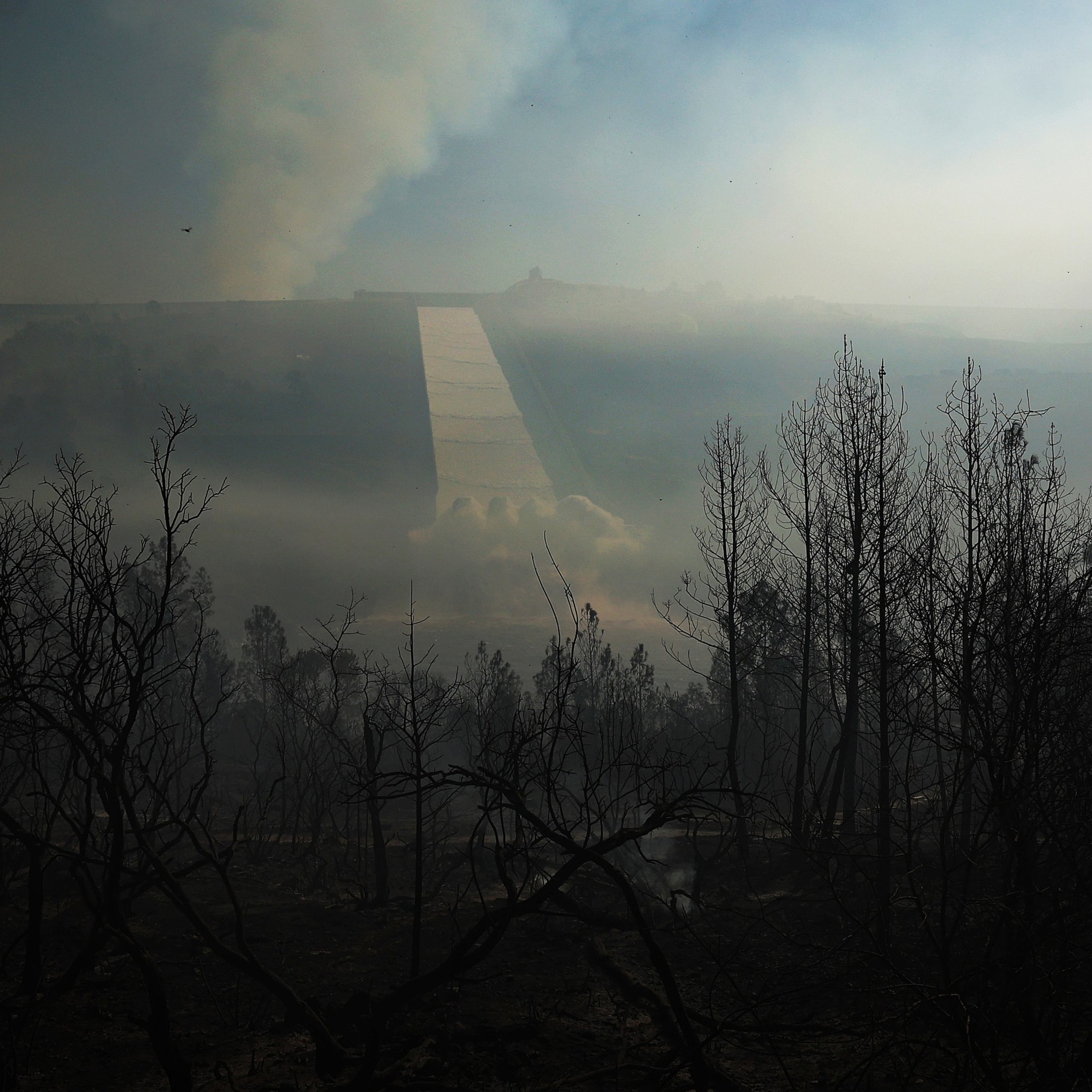 The image shows a desolate, smoky landscape with barren, charred trees in the foreground, and a wide, waterfall-like structure cascading down in the hazy background.