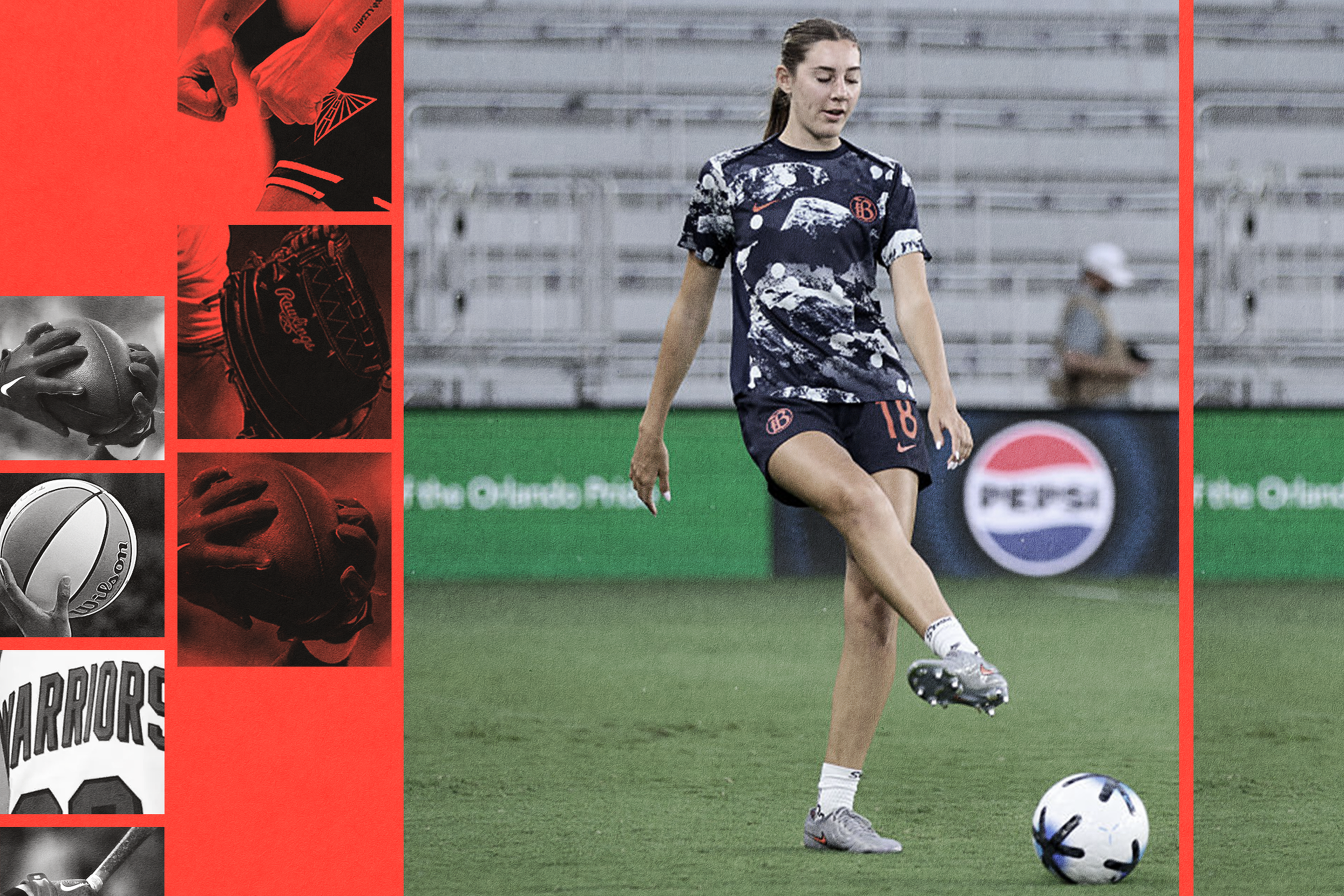 A female soccer player in a black and white patterned shirt and black shorts is about to kick a soccer ball on a grass field.