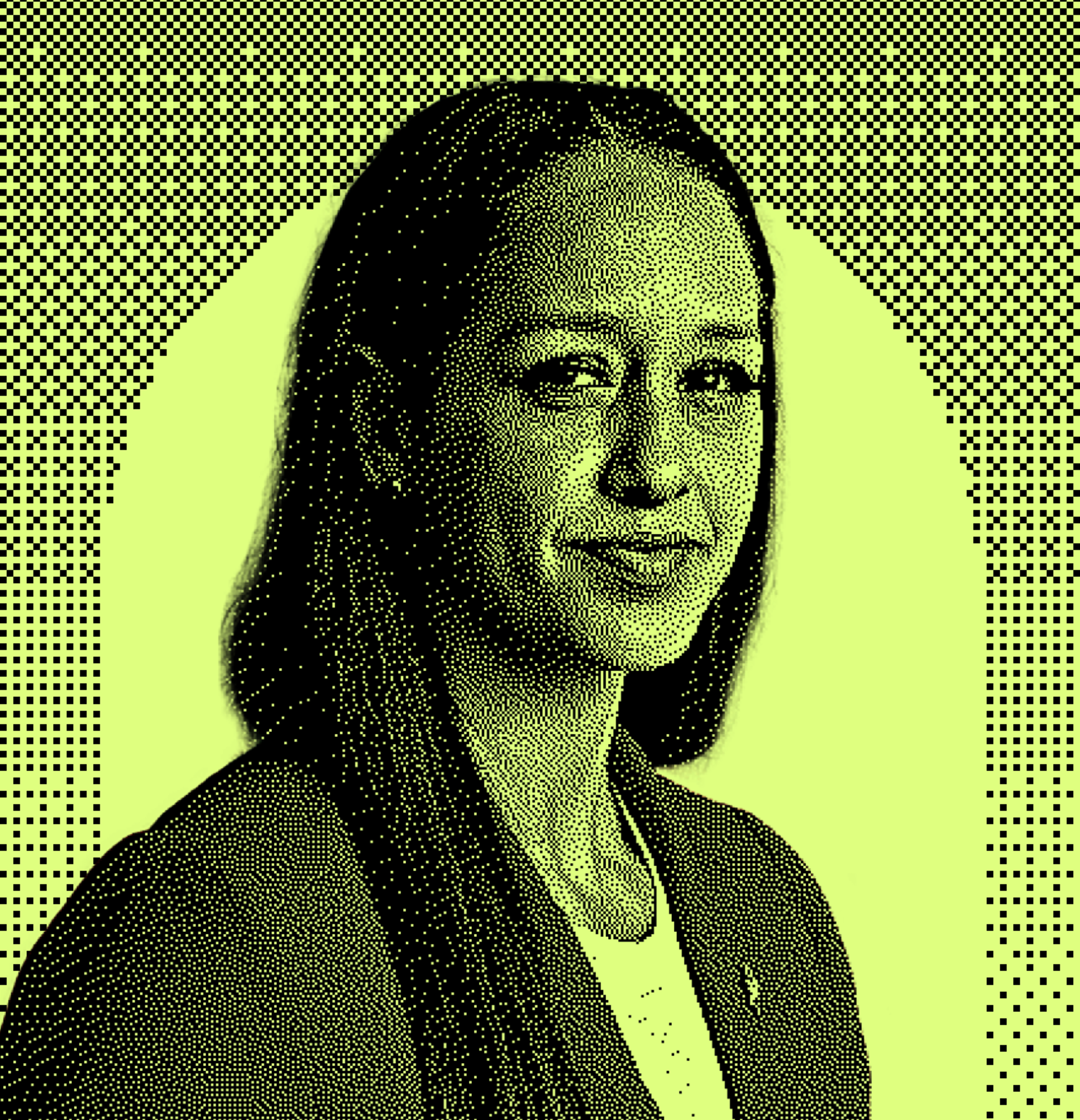 The image is a halftone-style portrait of a person in a suit, facing slightly right. The background and the person are in contrasting shades of green and black.
