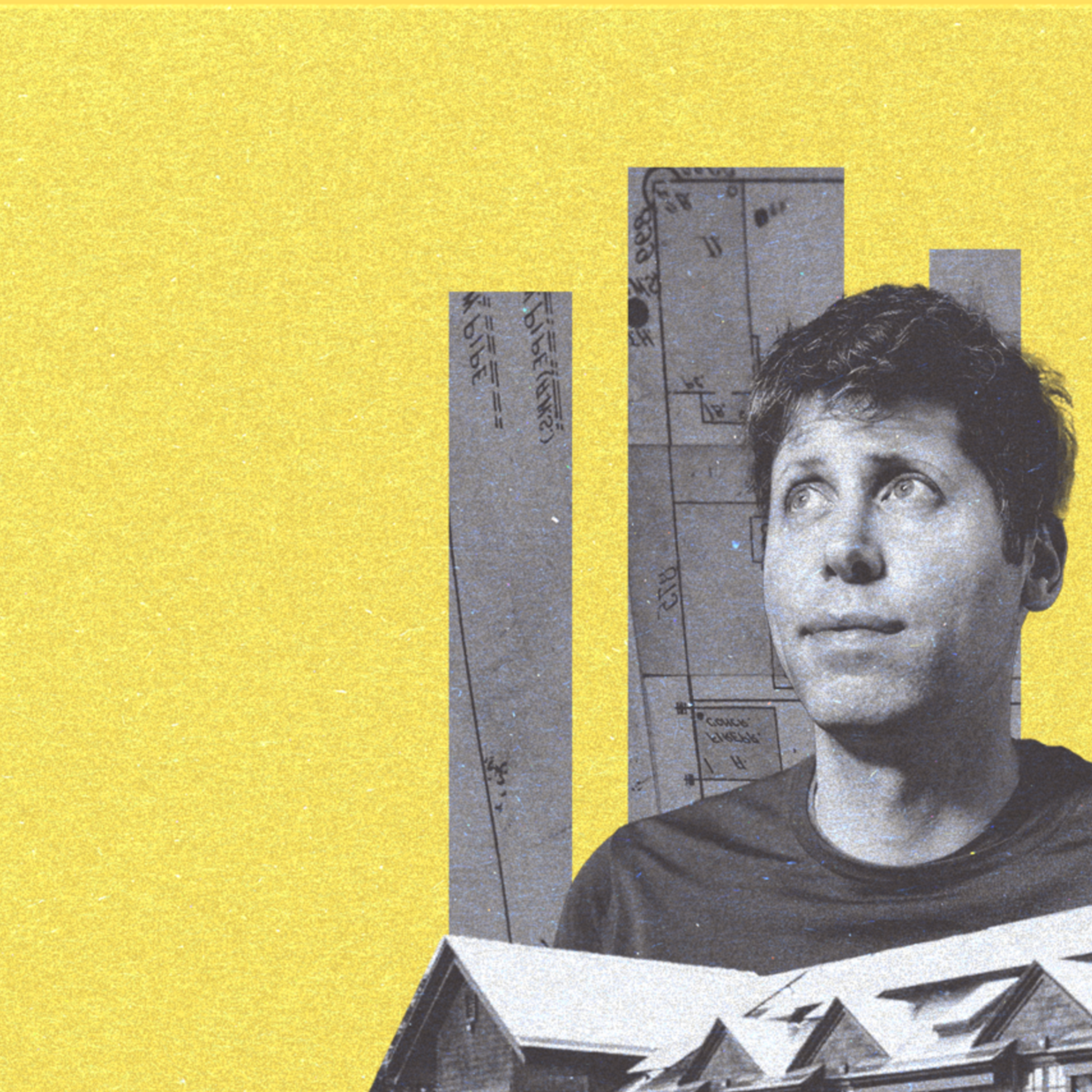 A man looks upward with a thoughtful expression, set against a collage of architectural diagrams and a house, on a yellow background.