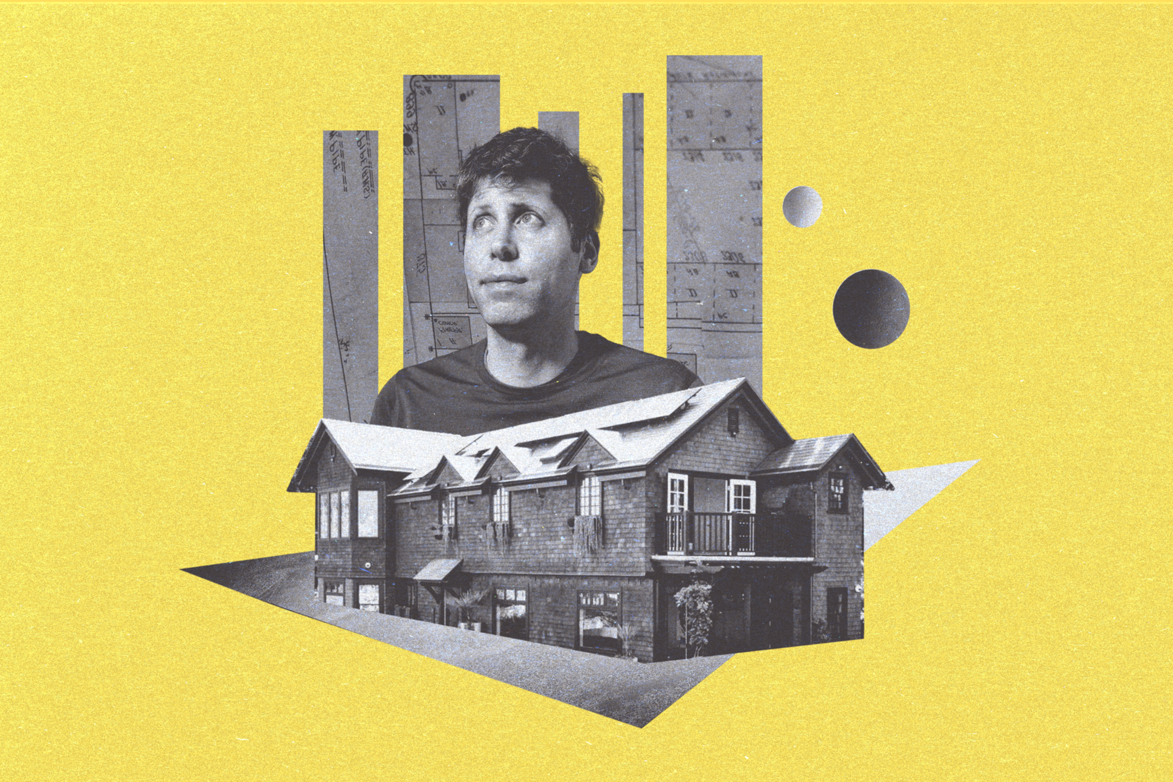 A man looks upward with a thoughtful expression, set against a collage of architectural diagrams and a house, on a yellow background.