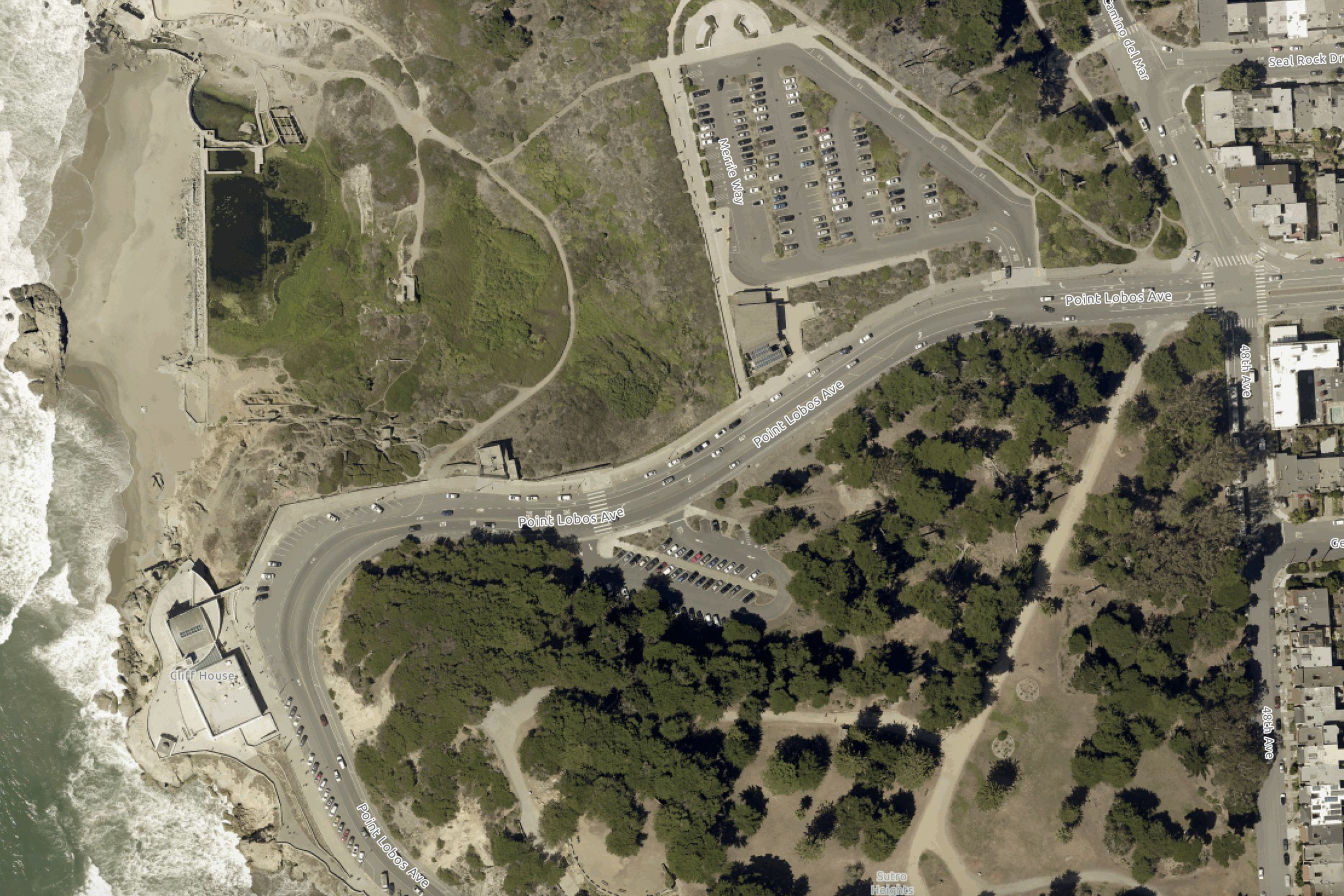 An aerial view of the former locations of Sutro Baths, the Cliff House and Point Lobos Ave. just north of Ocean Beach in San Francisco in 2022.