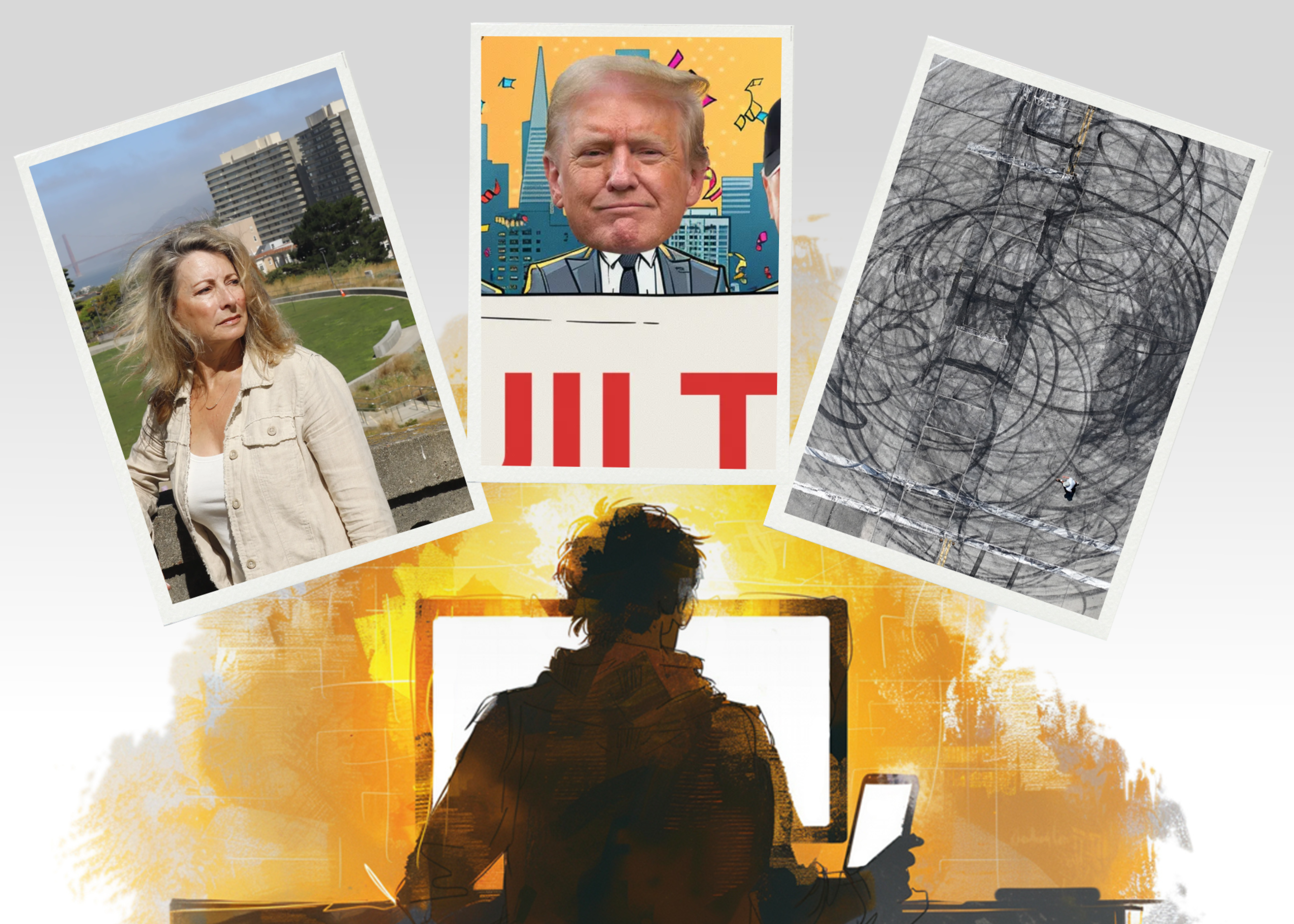 The image shows a collage with a woman outdoors, a caricature of a smiling man, an abstract road design, and a person at a brightly lit desk holding a tablet.