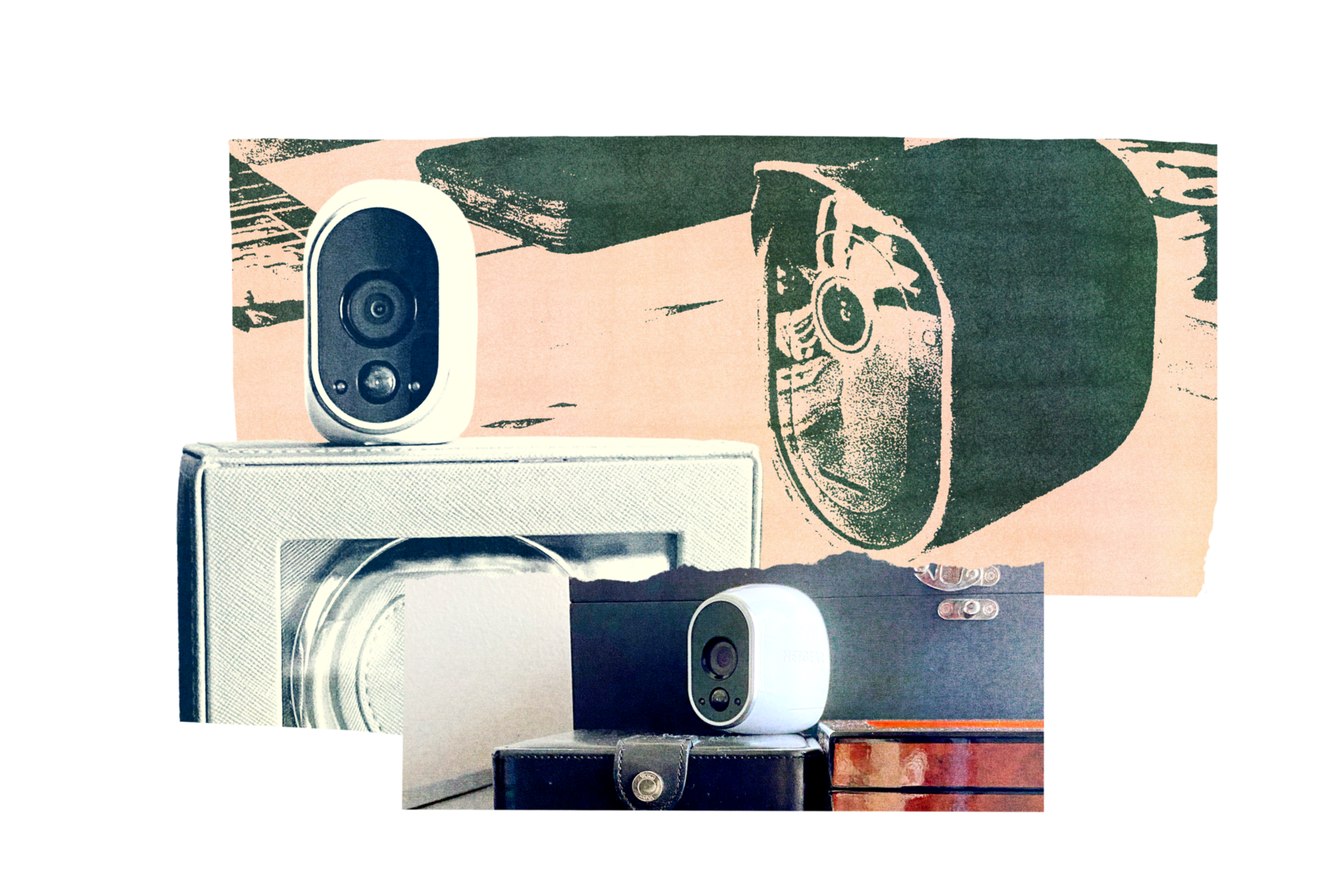 Two small, rounded security cameras with black lenses are placed on top of leather and fabric-covered boxes, against a backdrop of a vintage camera illustration.