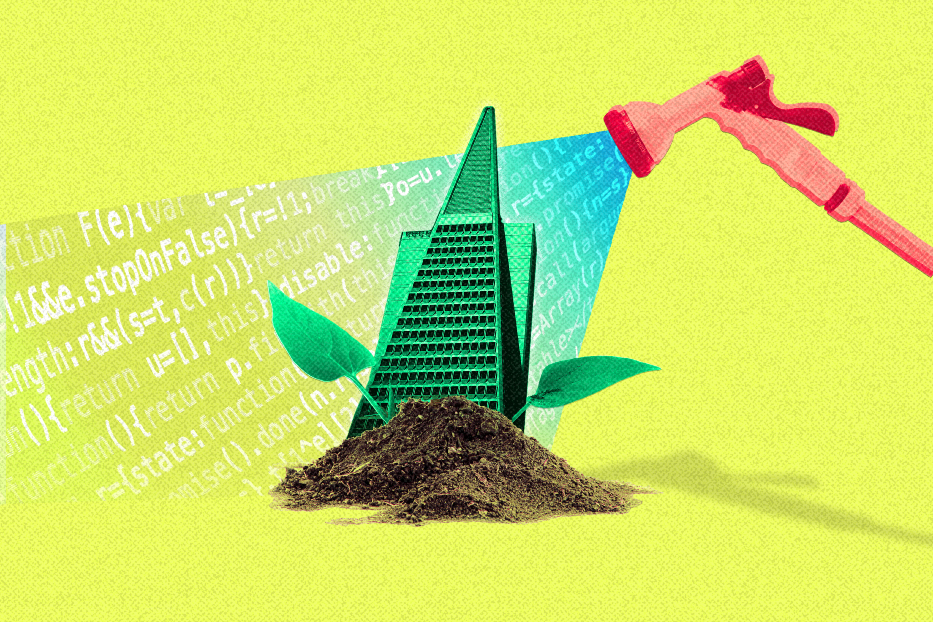 A green triangular building with leaves grows from soil, being watered by a red hose spraying blue water filled with white code text on a yellow background.