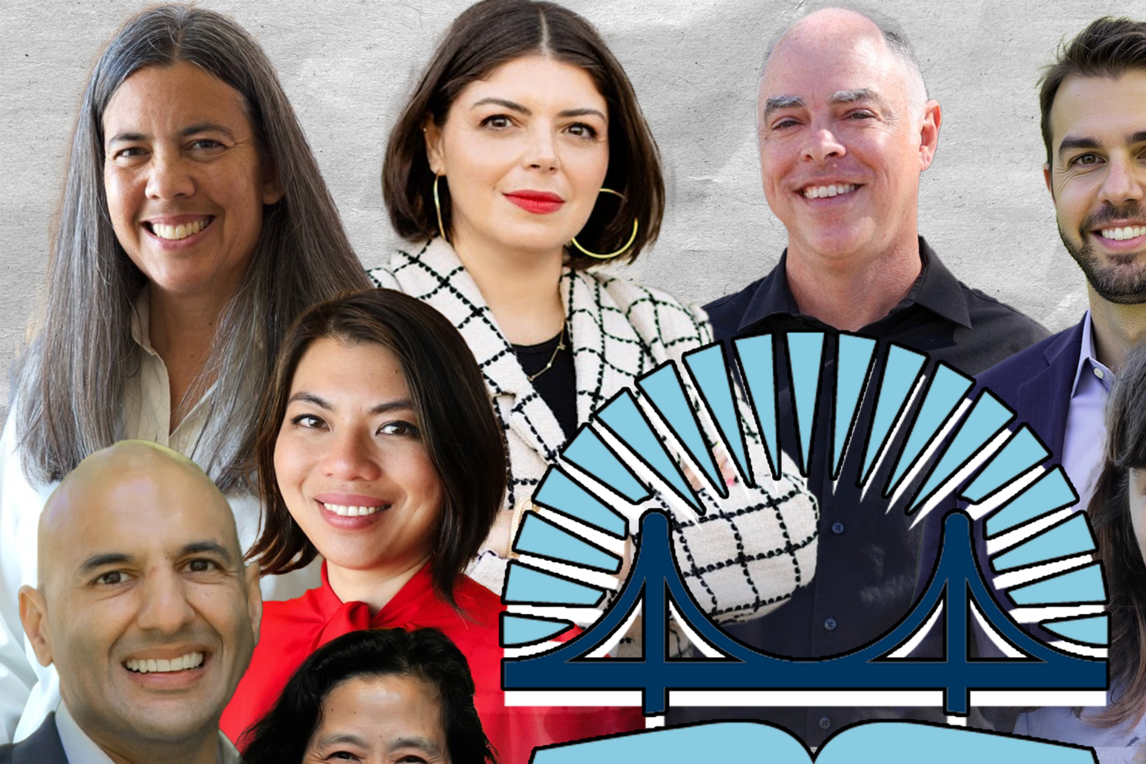 This image features a collage of diverse individuals' portraits surrounding a stylized graphic of a bridge and an open book with the letters "SFUSD" beneath it.