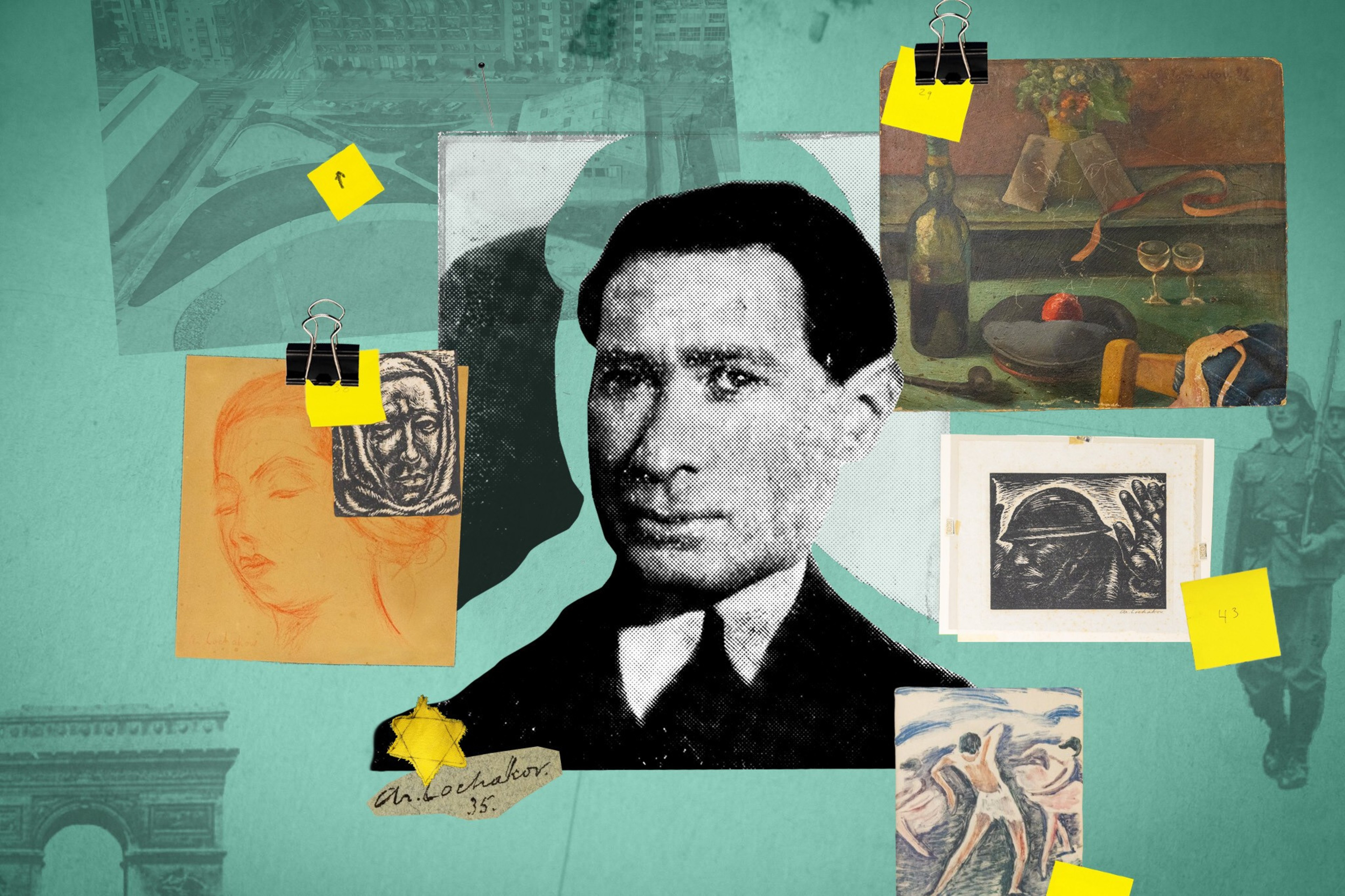 A collage of art and photos pinned with clips, central vintage man's portrait, against a teal backdrop.