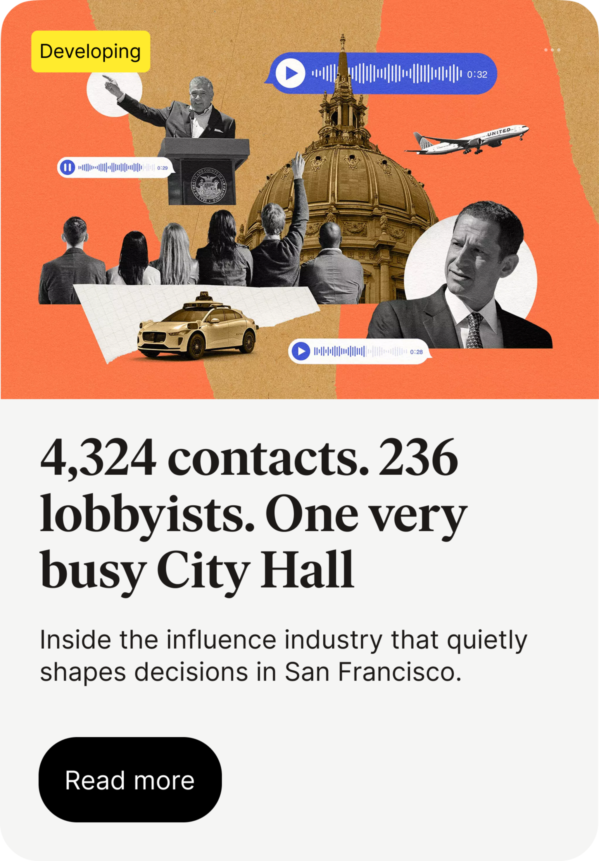 A collage of people, a speaker at a podium, a government building dome, a plane, and a car, with text about 4,324 contacts and 236 lobbyists at San Francisco City Hall.