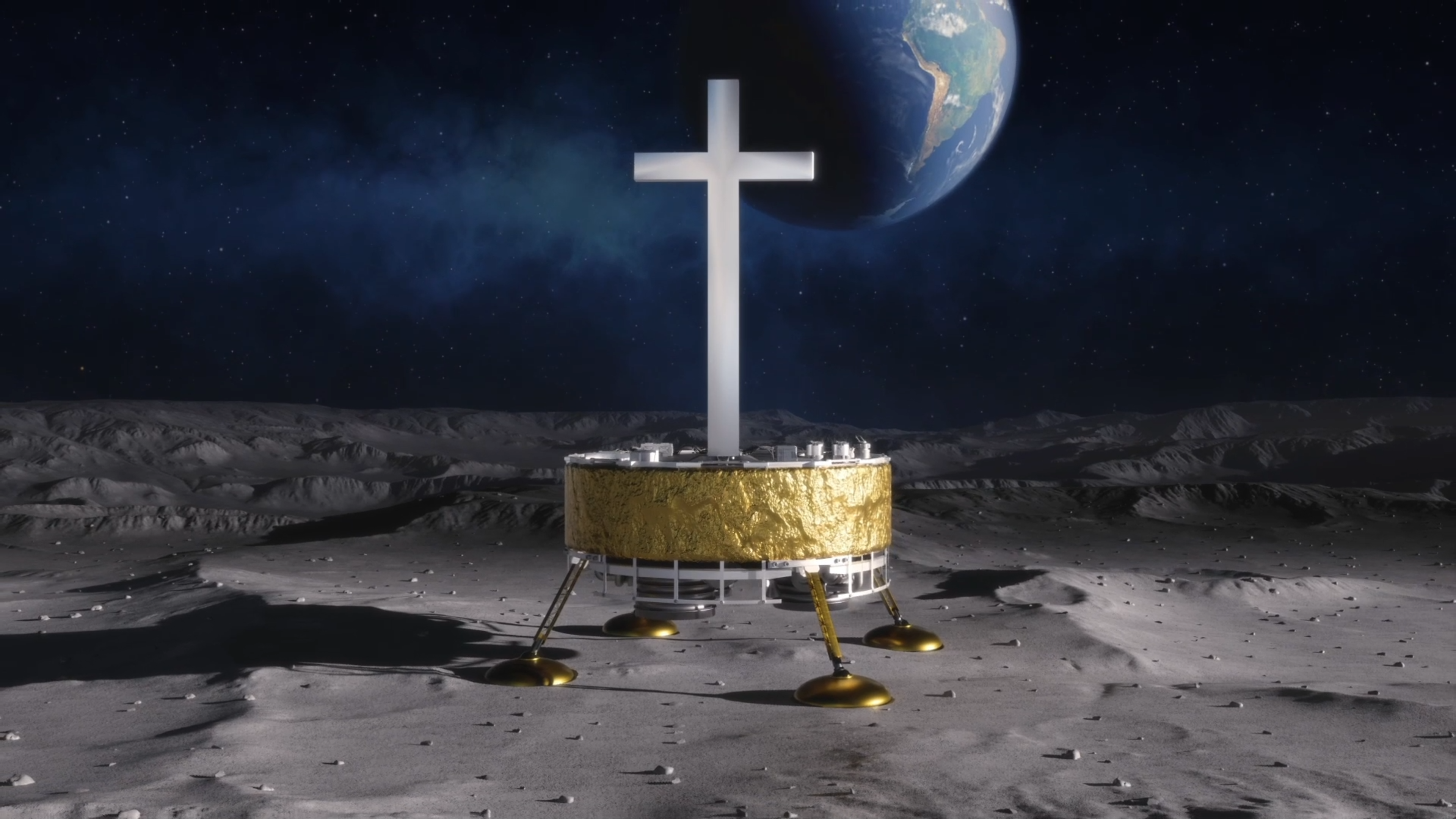A spacecraft with gold legs and a large white cross stands on a gray rocky surface, with the Earth visible against the dark starry sky in the background.