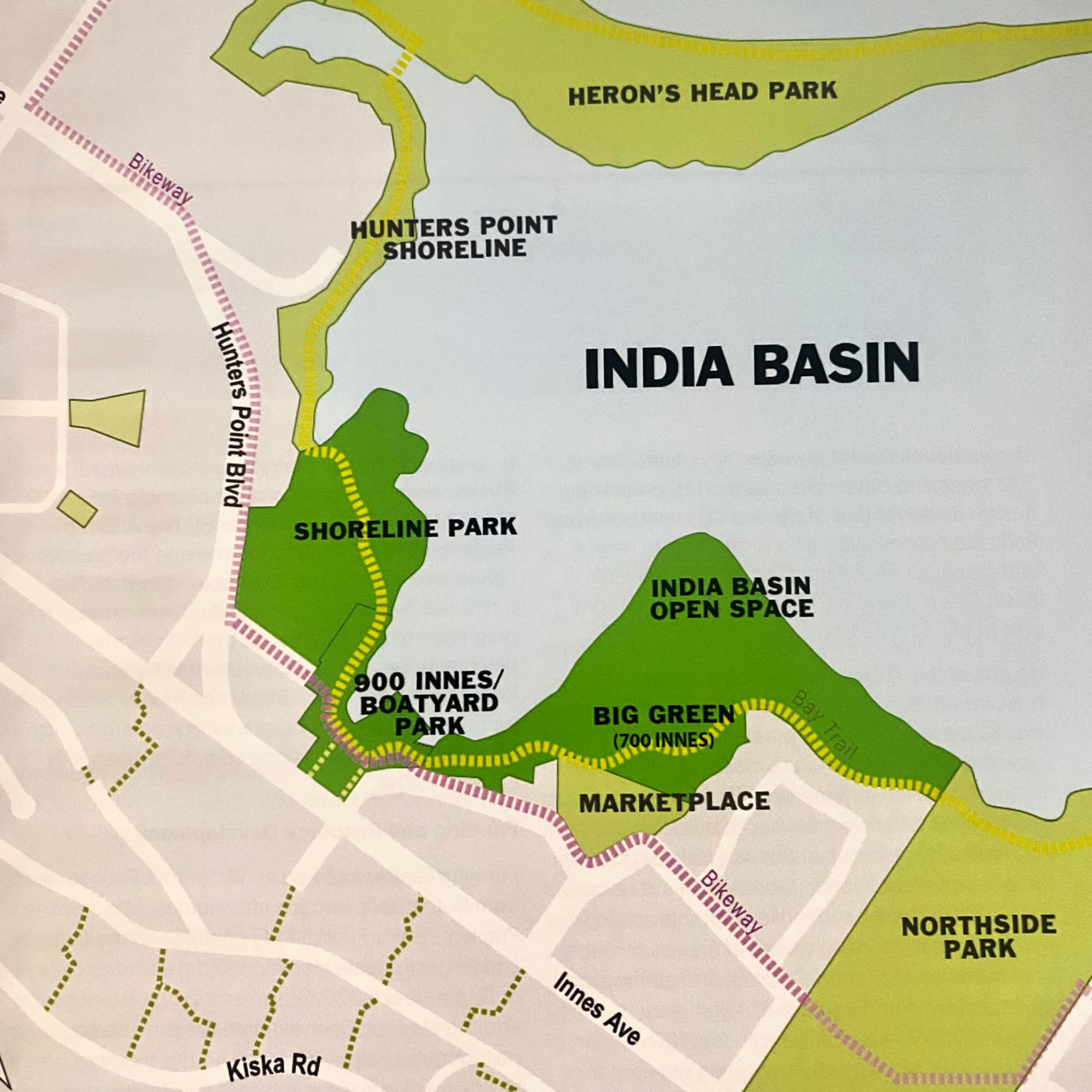 India Basin is bordered by Heron's Head Park, Hunters Point Shoreline, Shoreline Park, 900 Innes/Boatyard Park, India Basin Open Space, Big Green, Marketplace, and Northside Park.