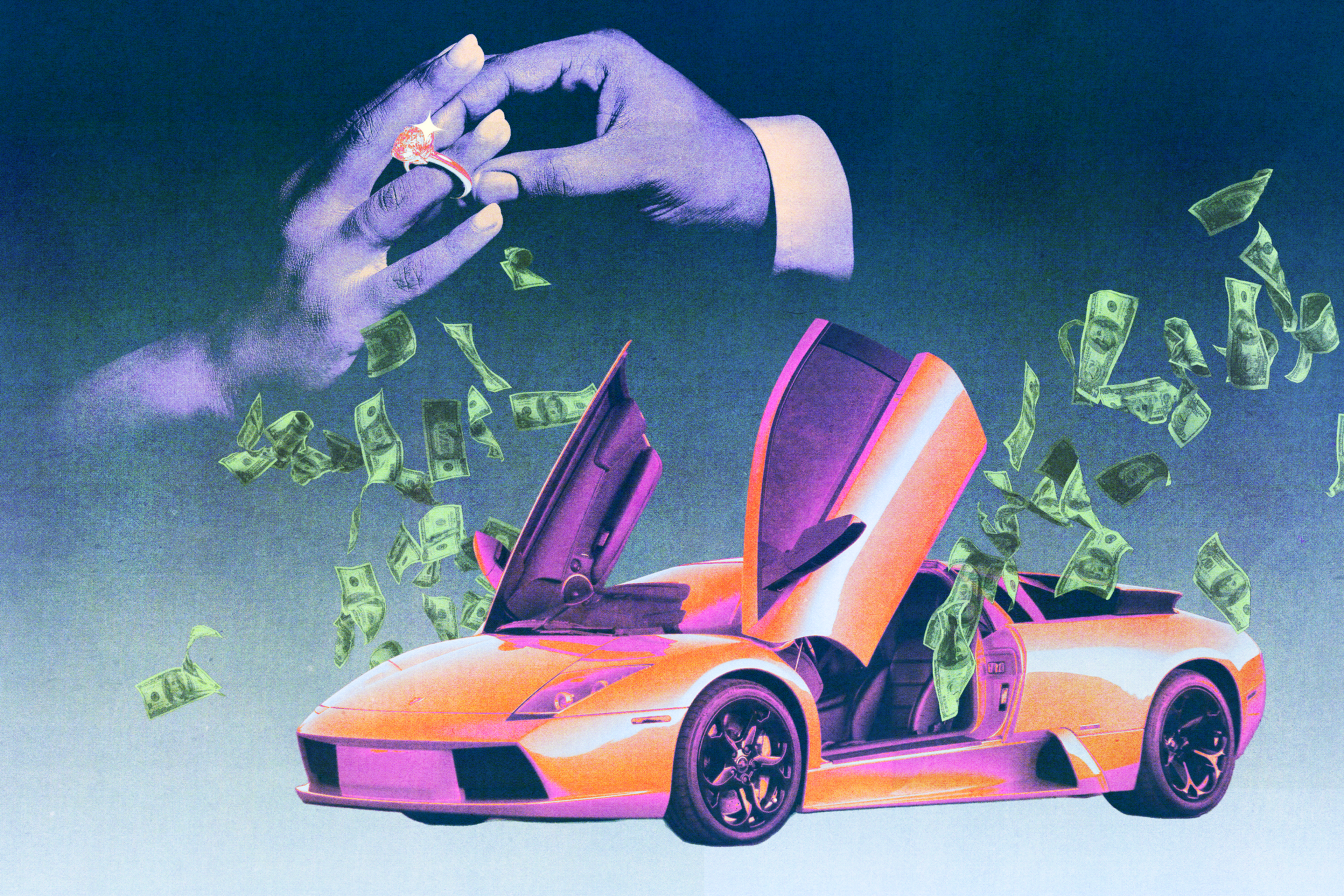 A luxury sports car with scissor doors open has money flying out, while a hand places a jeweled ring on another hand’s finger above it.