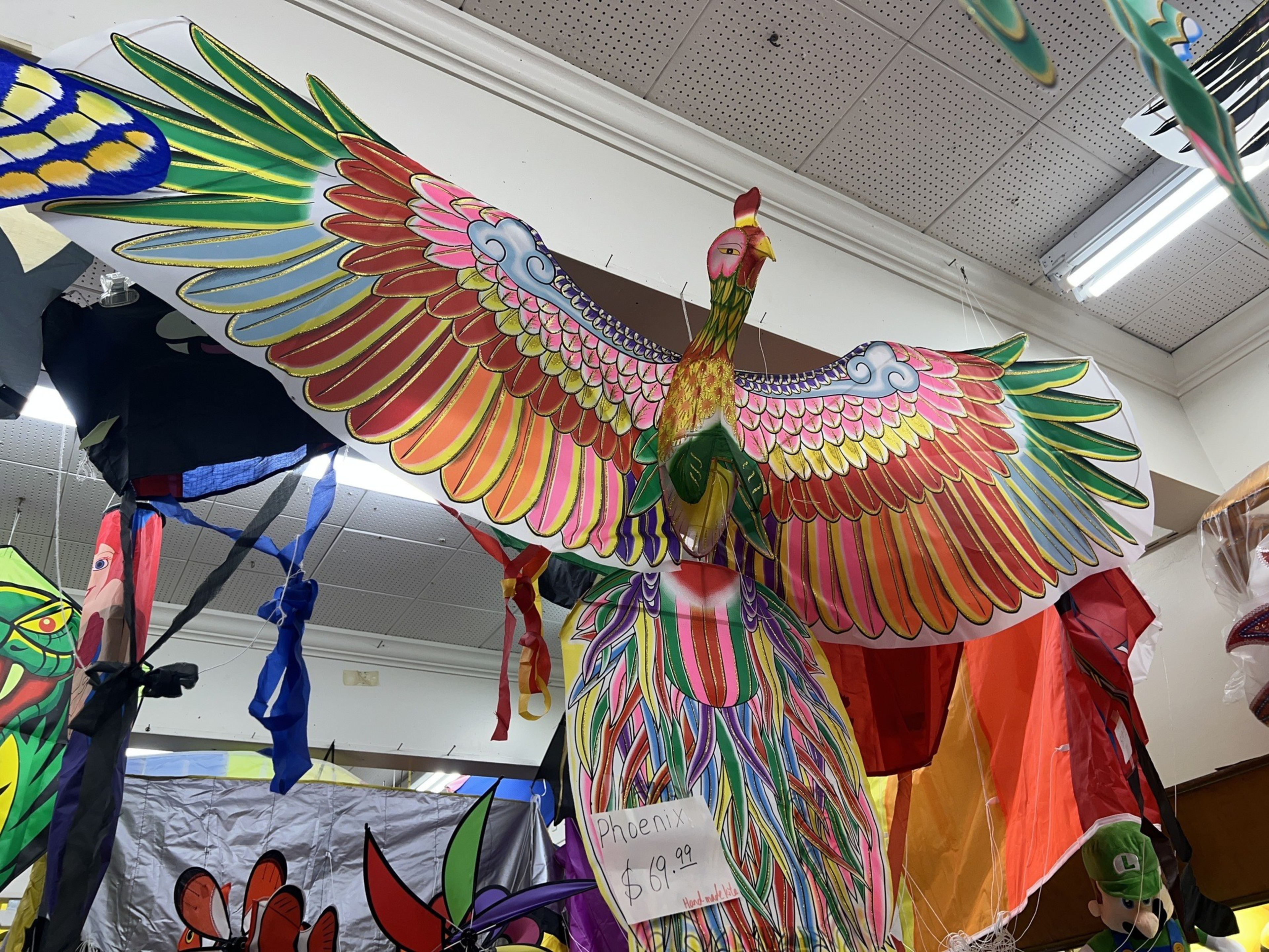 A colorful bird kite hangs from the ceiling of a kite shop.