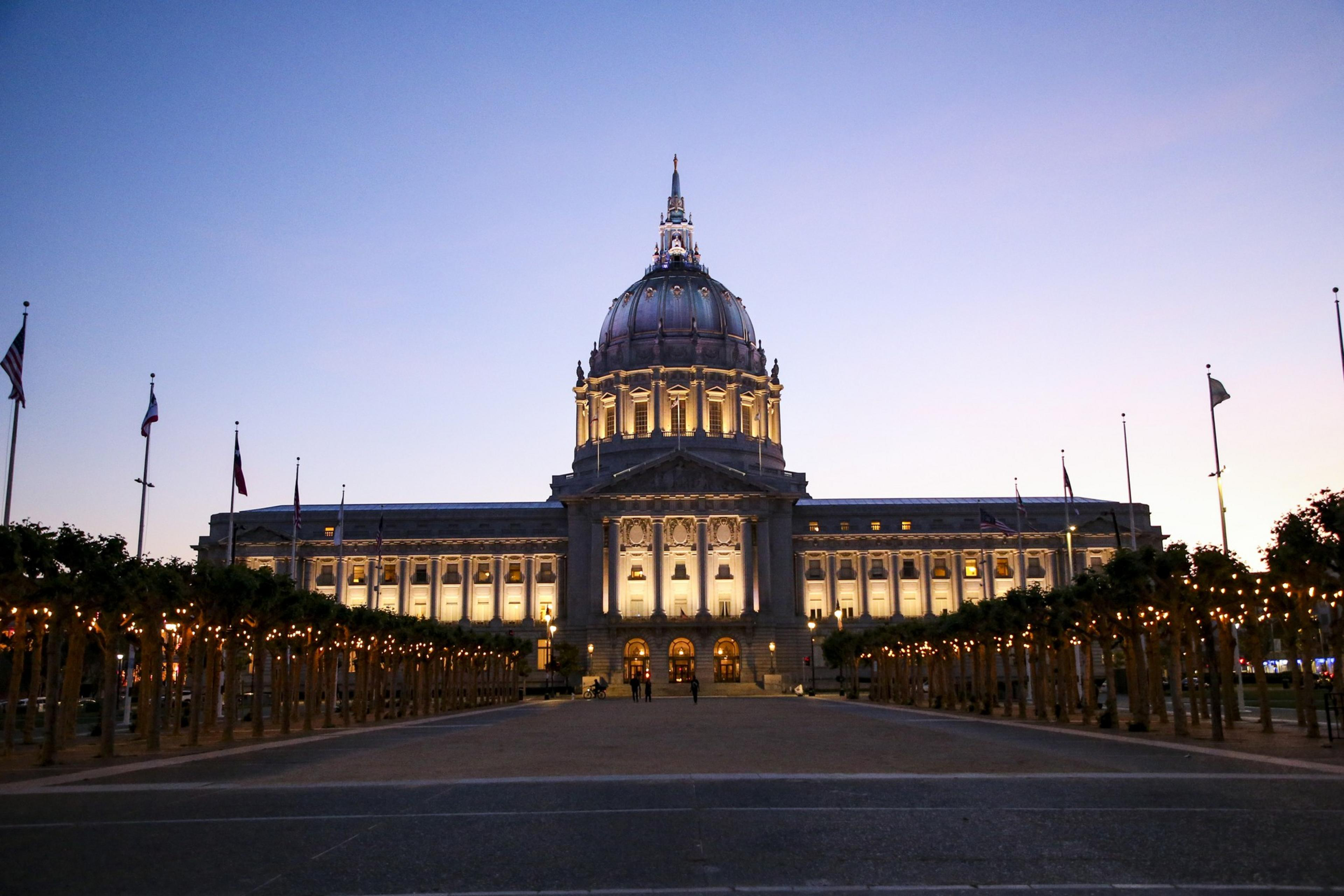 LED lights illuminate San Francisco City Hall.