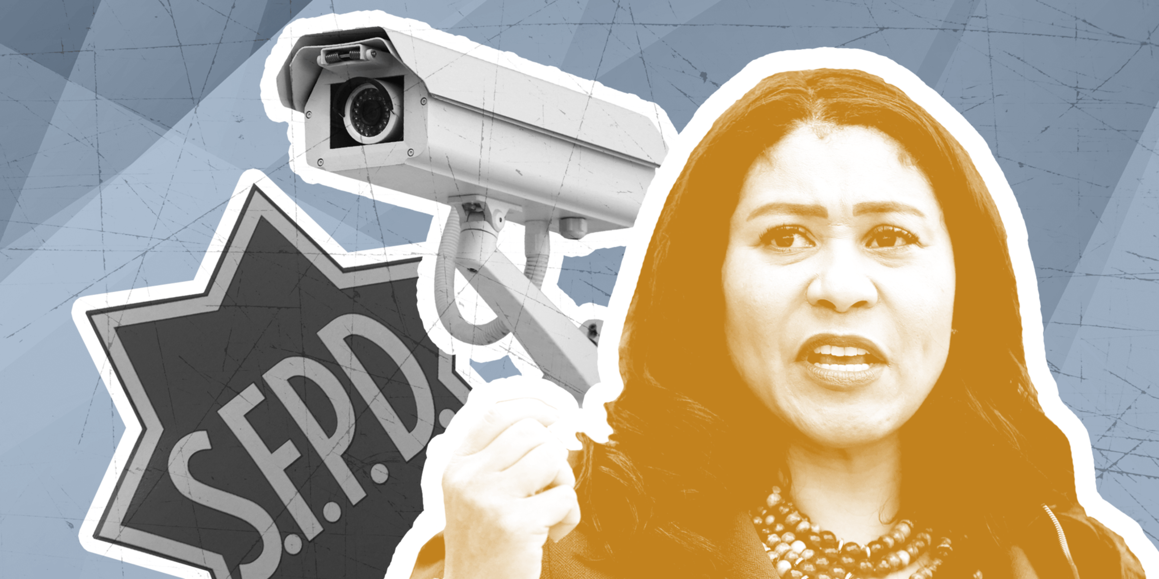 A woman speaks passionately beside a security camera and a star-shaped S.F.P.D. police badge on a textured blue background.
