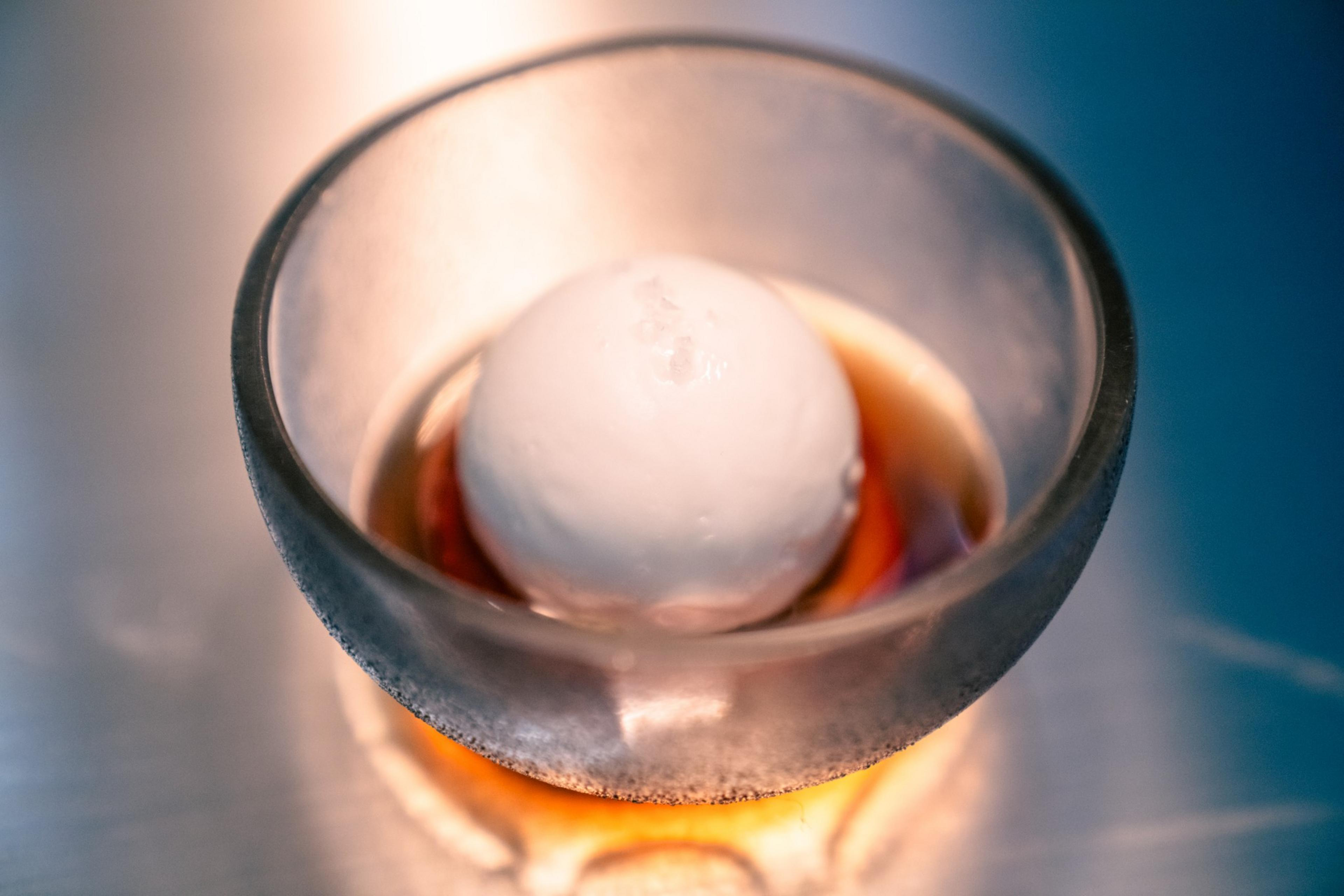Dessert is ice cream over a layer of goat’s milk caramel submerged in birch syrup and woodruff oil.