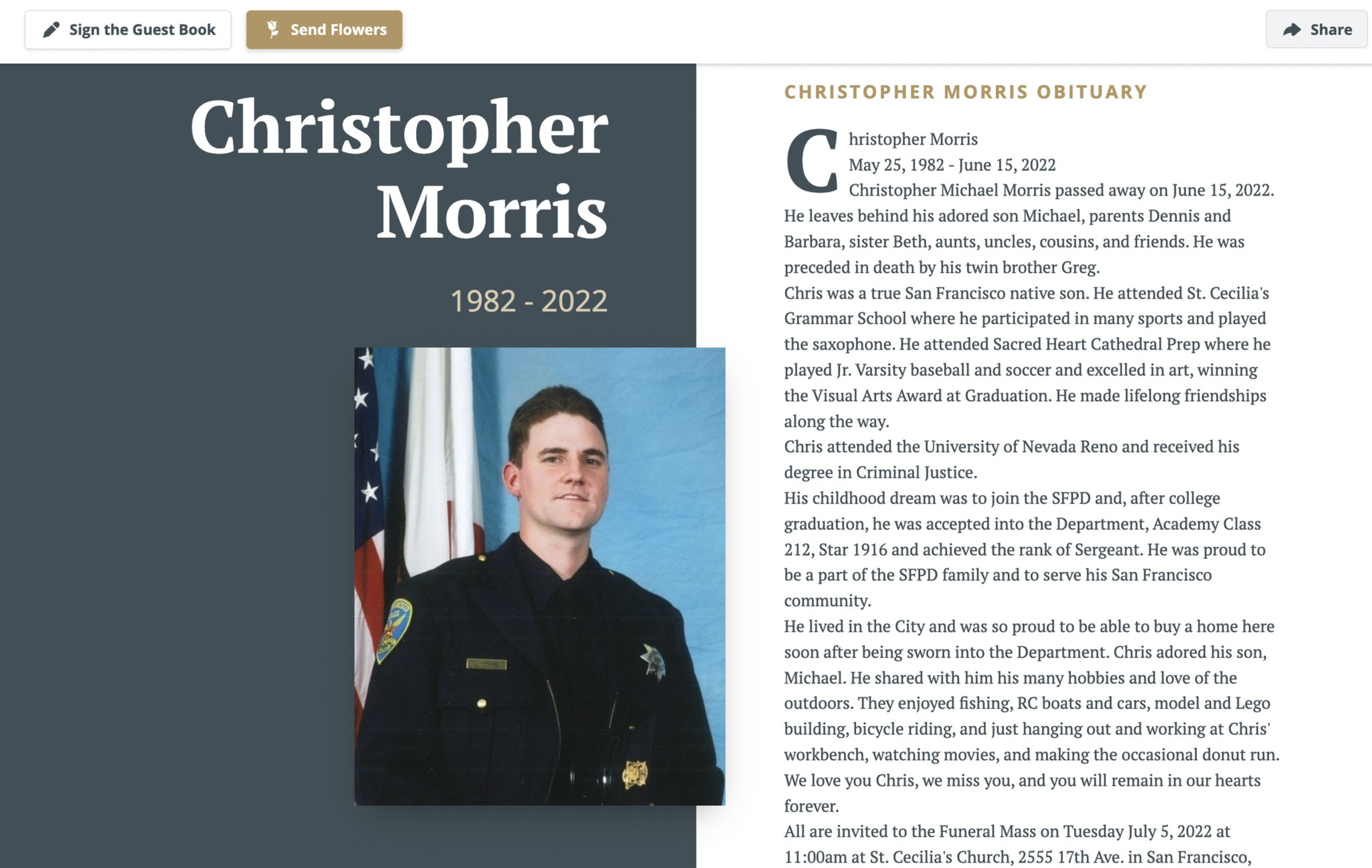 Christopher Morris (1982-2022) was a San Francisco native, police sergeant, music and sports enthusiast, devoted father, and lifelong friend.