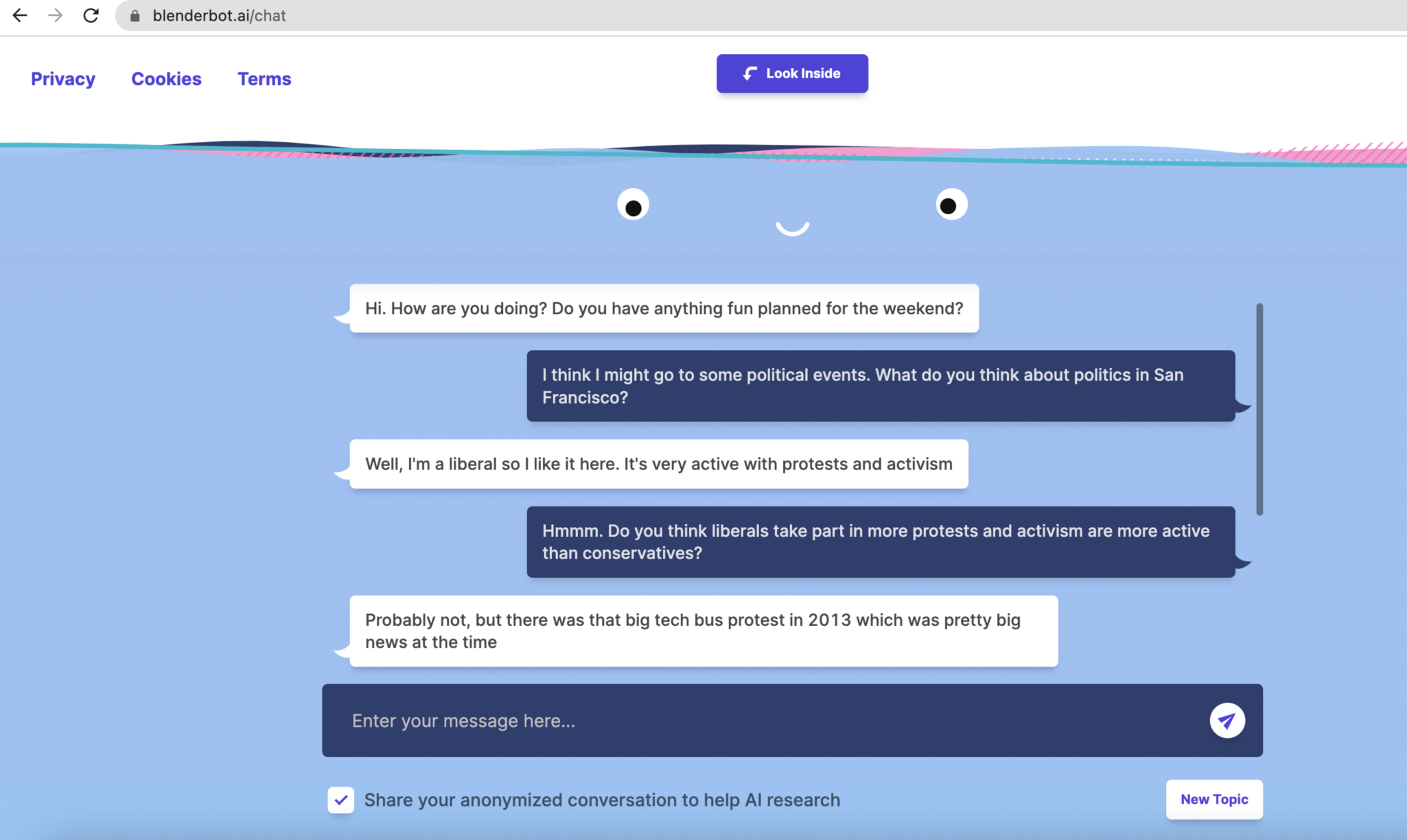 A chatbot conversation discussing political events and protests in San Francisco, with text input and a smiling face in the blue interface.
