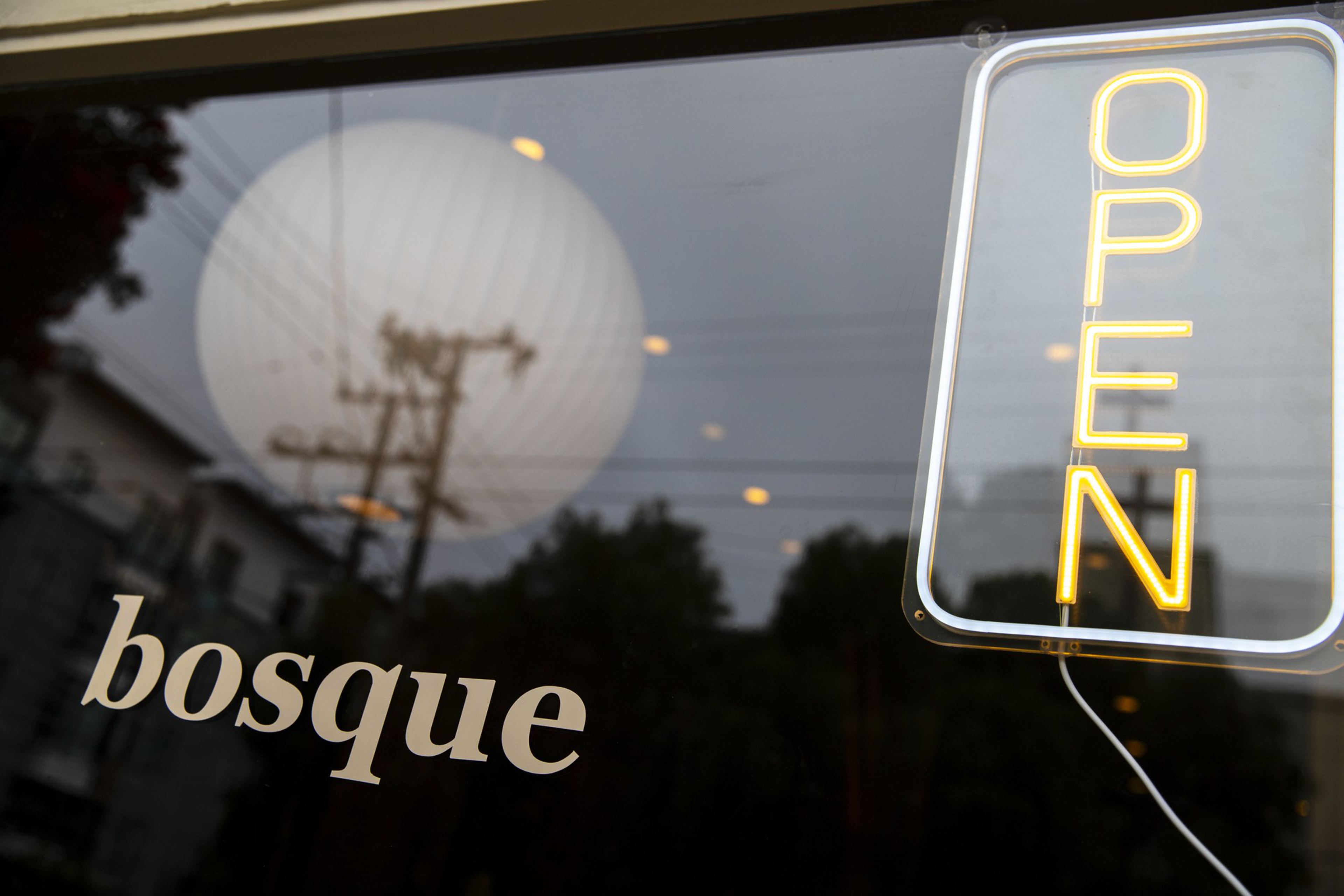 A glass window displays the word "bosque" and a vertical neon "OPEN" sign, reflecting power lines and a large round light in the background.