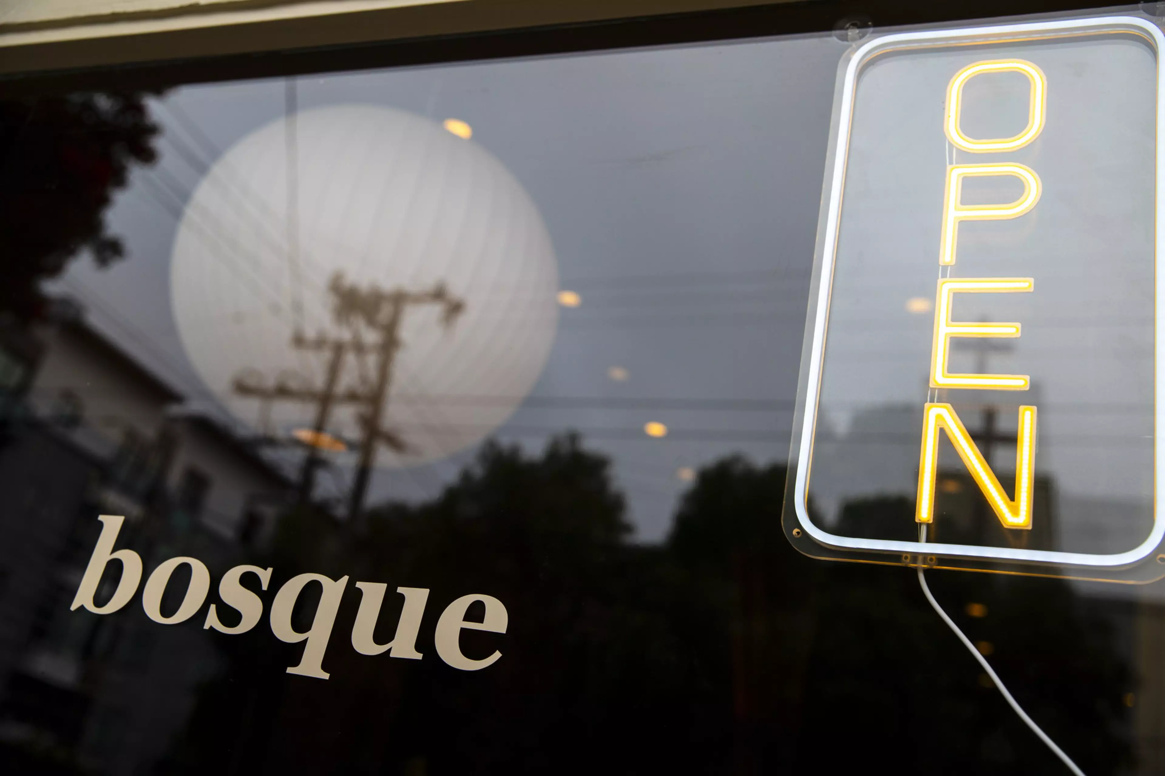 A glass window displays the word "bosque" and a vertical neon "OPEN" sign, reflecting power lines and a large round light in the background.