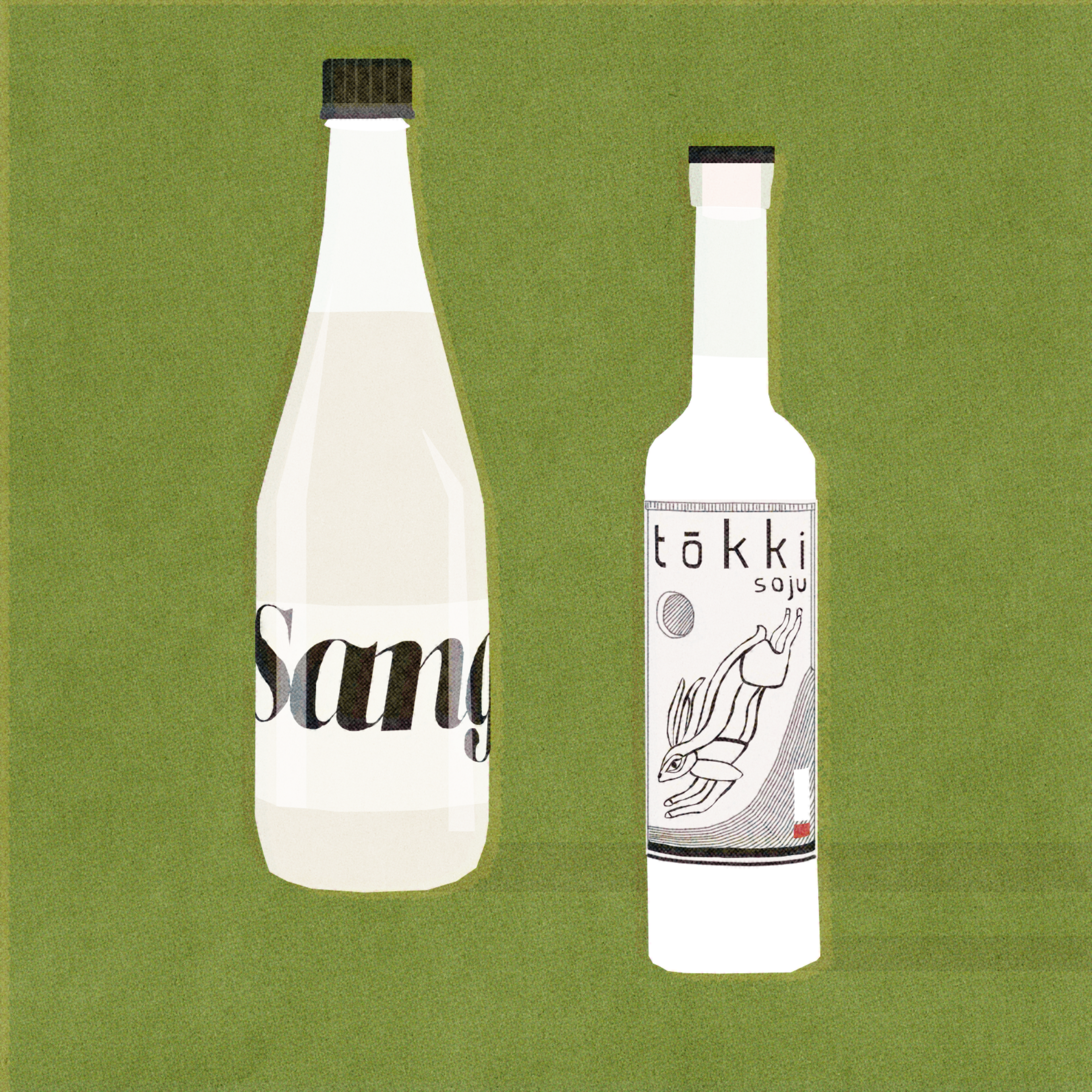 Two bottles on a green surface: one labeled "Sang" with a black cap, the other "tökki soju" featuring a rabbit illustration and a black-and-white design.