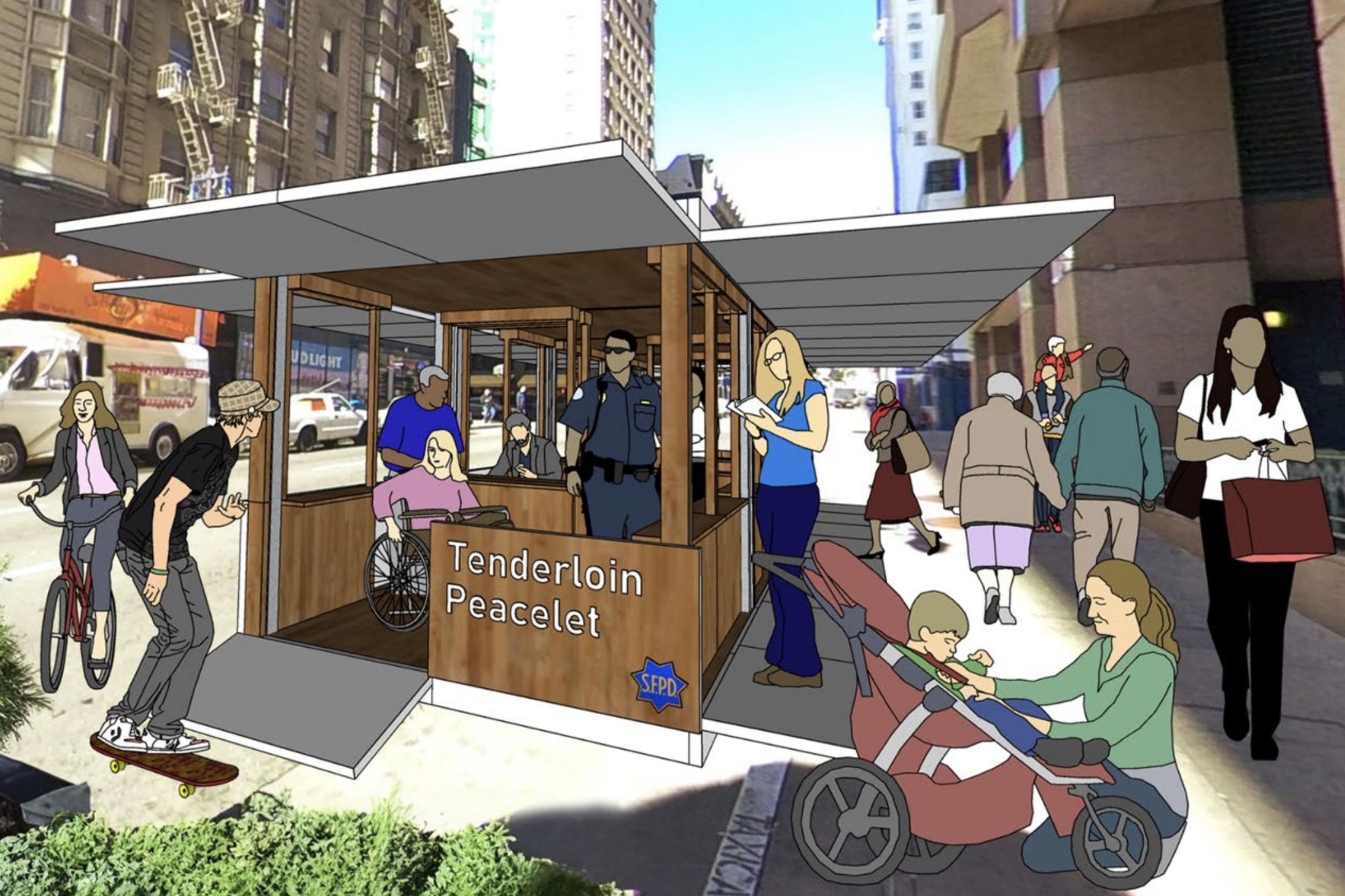 A lively street scene features a wooden structure labeled "Tenderloin Peacelet" staffed by police officers, with pedestrians, a cyclist, a skateboarder, and a parent with a stroller.