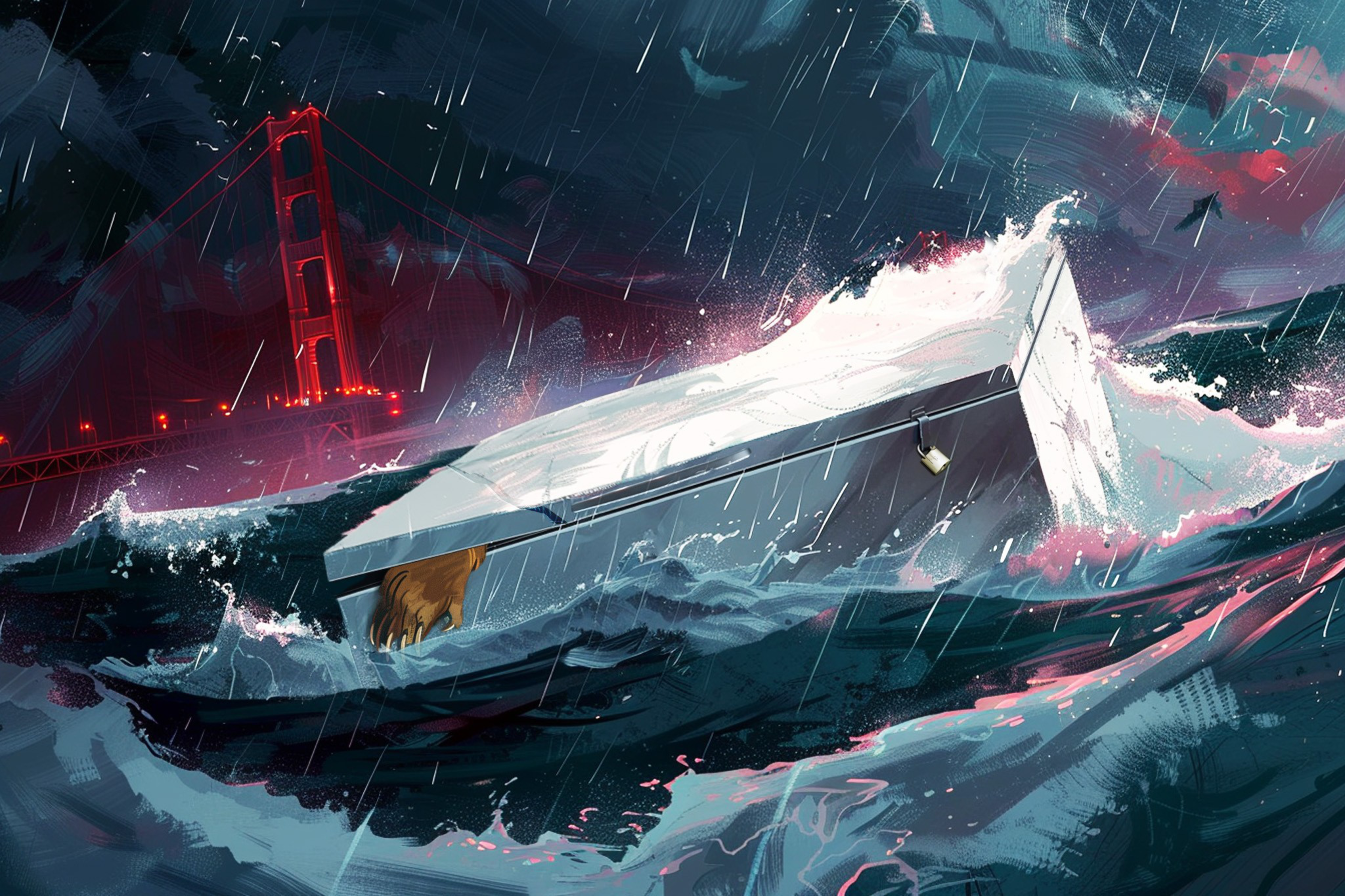 An illustration shows a bear lying inside a freezer floating on a turbulent bay.