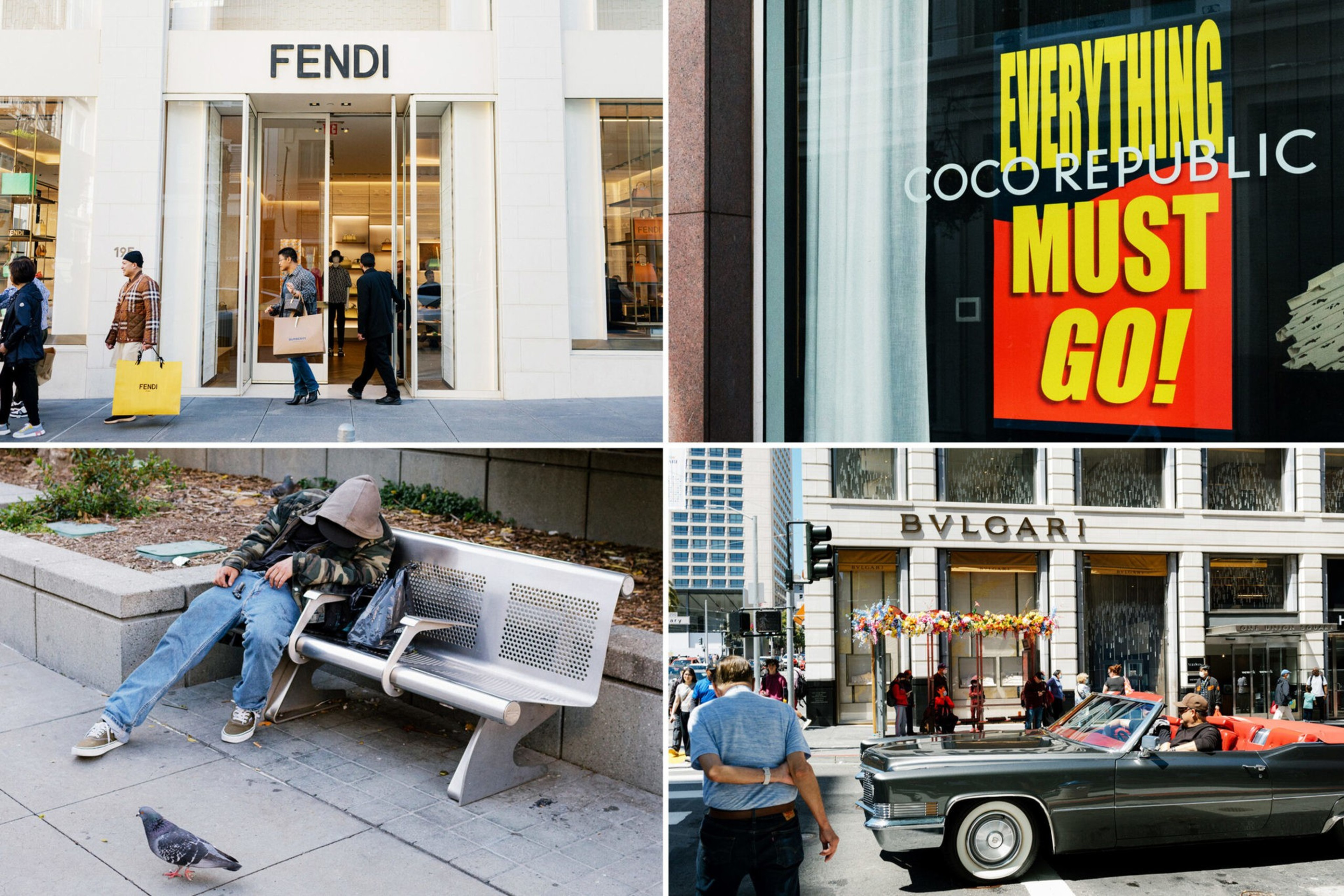 A Fendi store with shoppers, a window sign reading "Everything Must Go!", a person slumped on a bench, and a street scene by a Bvlgari store with a classic car.