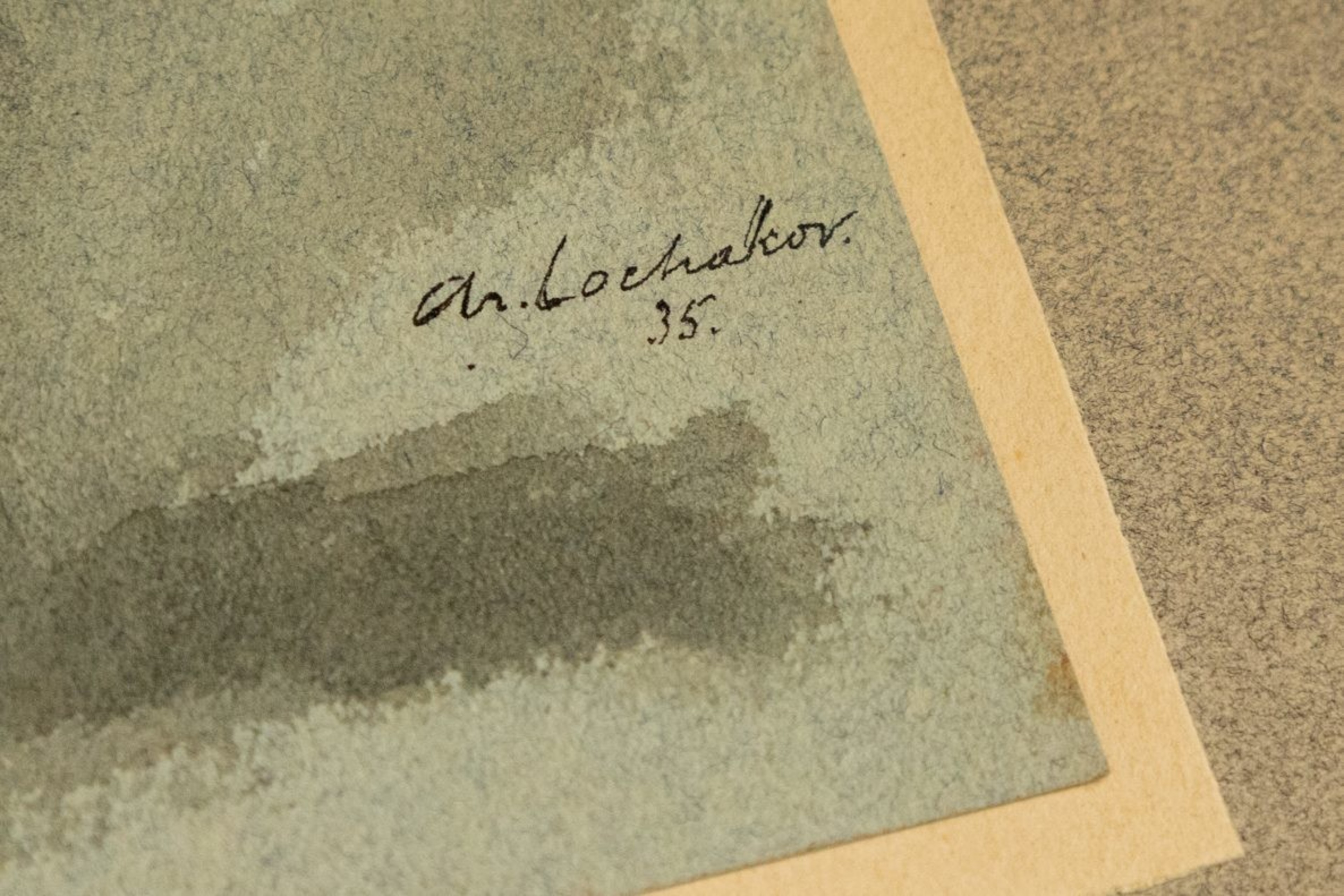 A watercolor artwork corner with a signature and '35' on a beige border.
