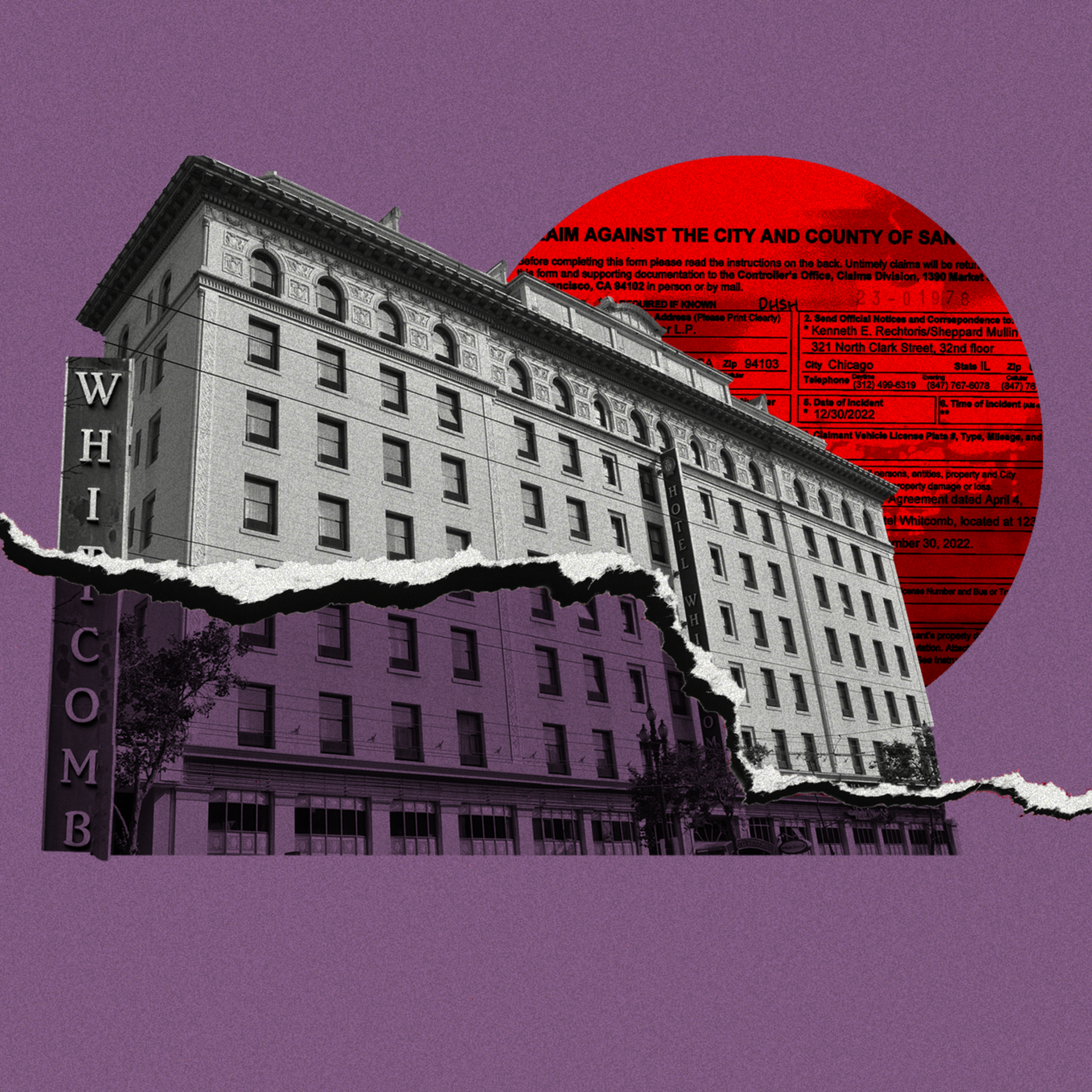 A photo illustration depicting a building and documents.