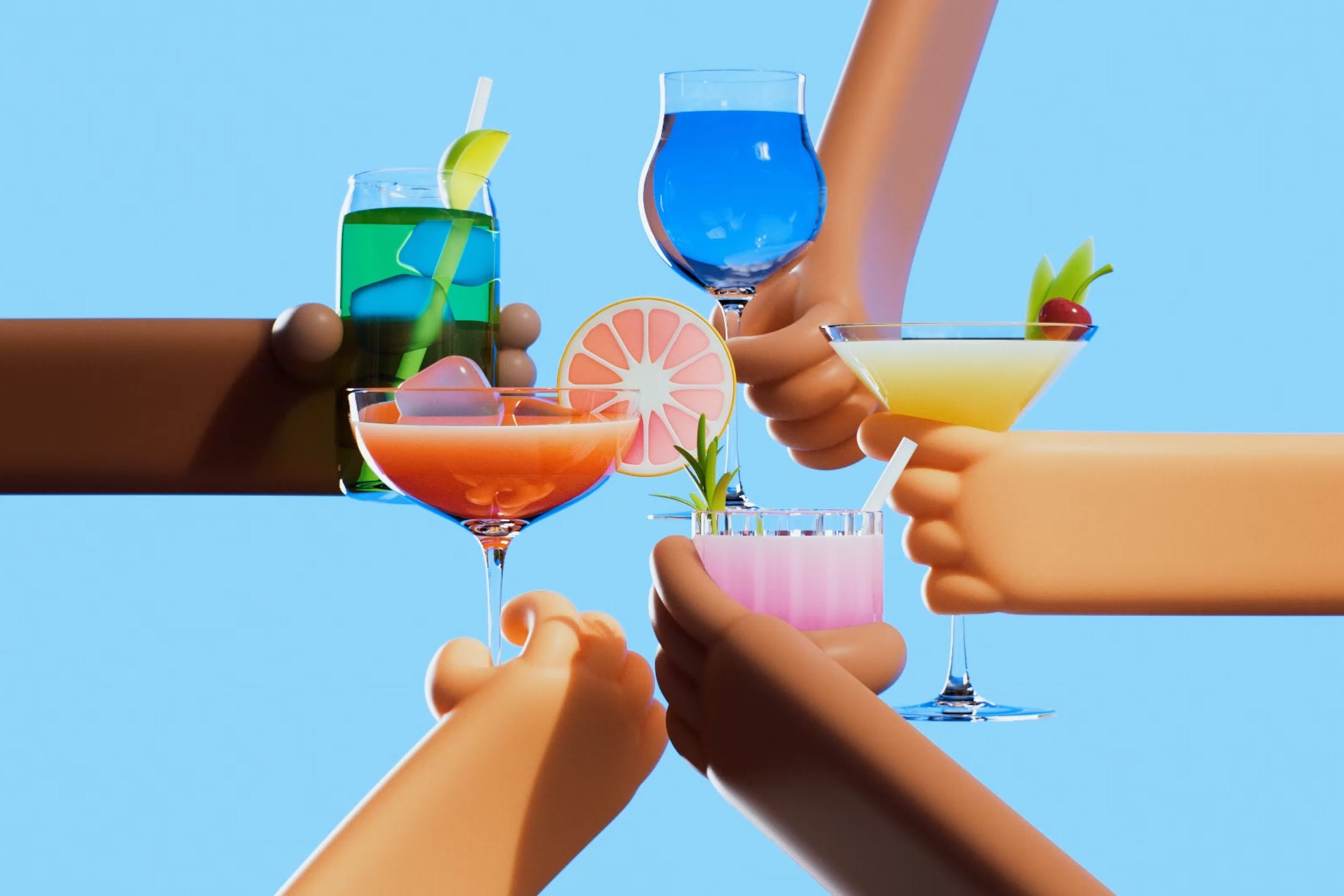Five cartoon hands hold colorful drinks in a toast against a blue background, featuring various glasses, garnishes, and vibrant liquid colors.