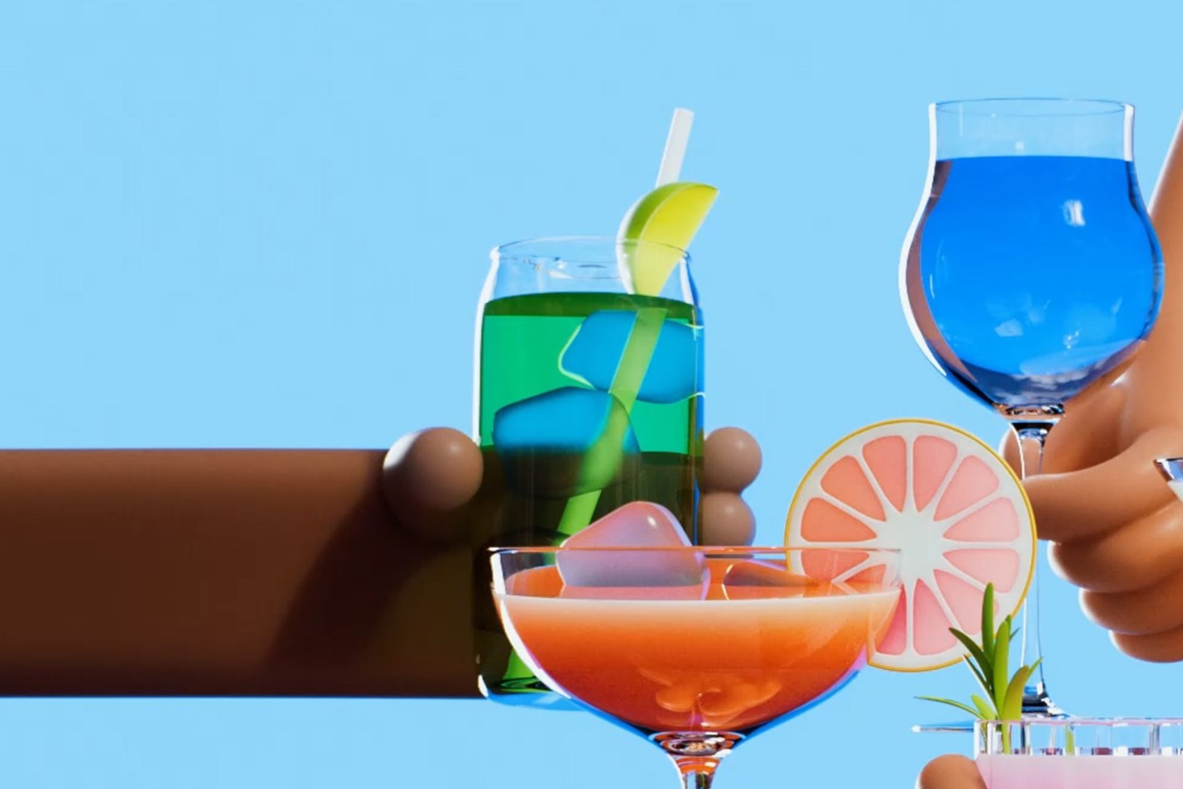 Five cartoon hands hold colorful drinks in a toast against a blue background, featuring various glasses, garnishes, and vibrant liquid colors.