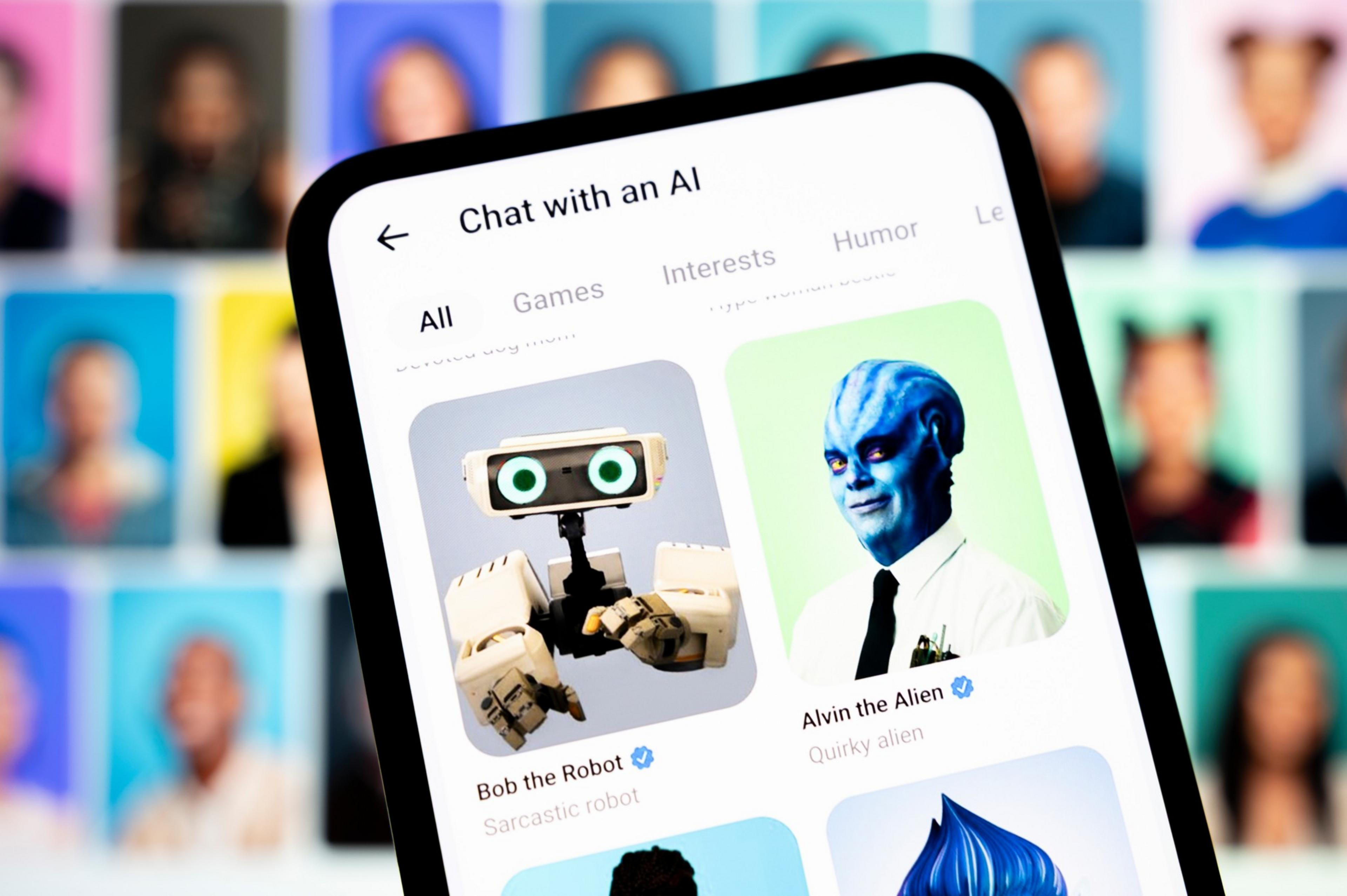 A phone screen shows an AI chat app with options to chat with &acirc;Bob the Robot,&acirc; a sarcastic robot, and &acirc;Alvin the Alien,&acirc; a quirky blue-skinned alien.