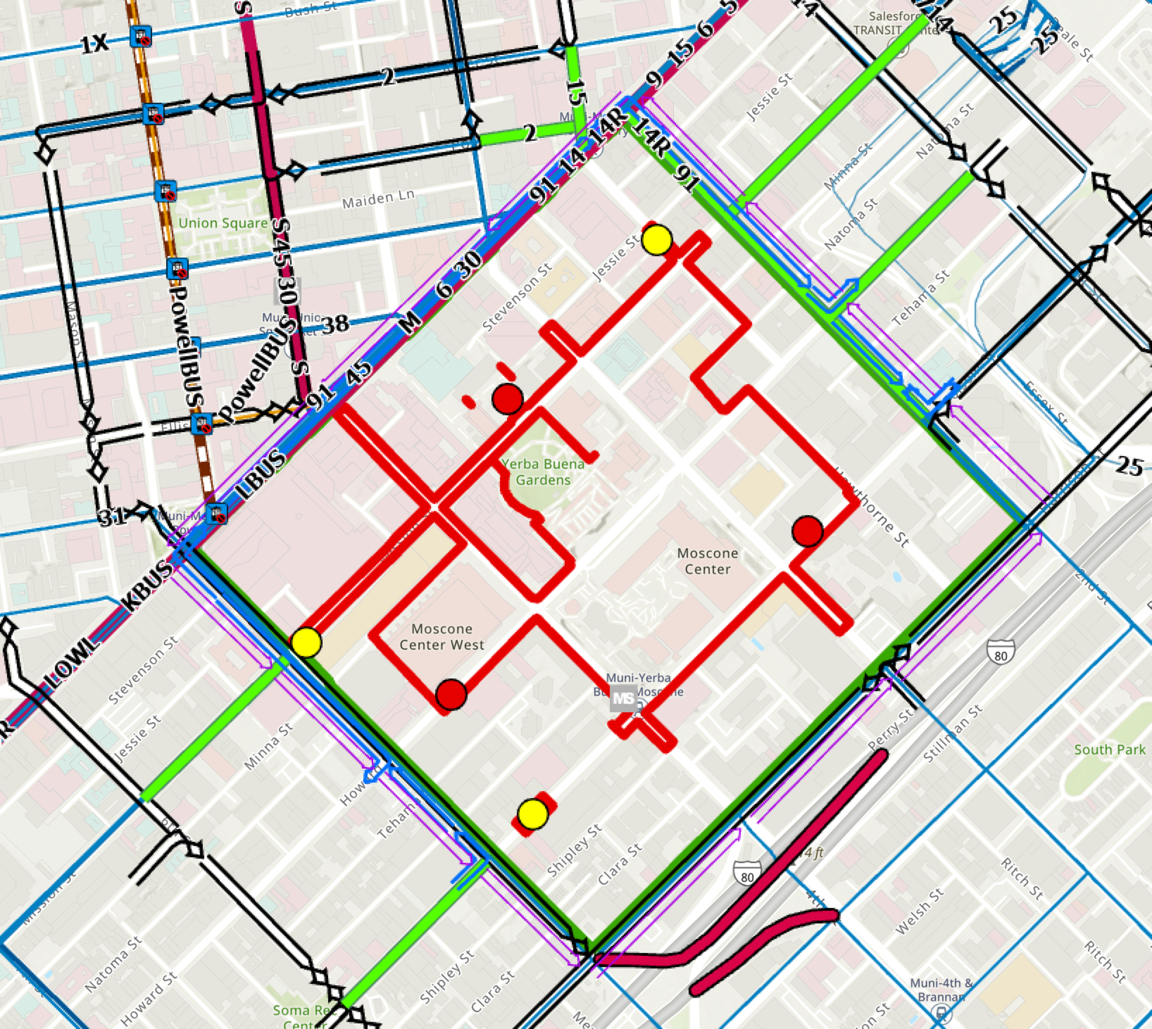 A detailed transit map highlights Moscone Center with red routes and dots, yellow stops, intersecting various colored bus and rail lines nearby.