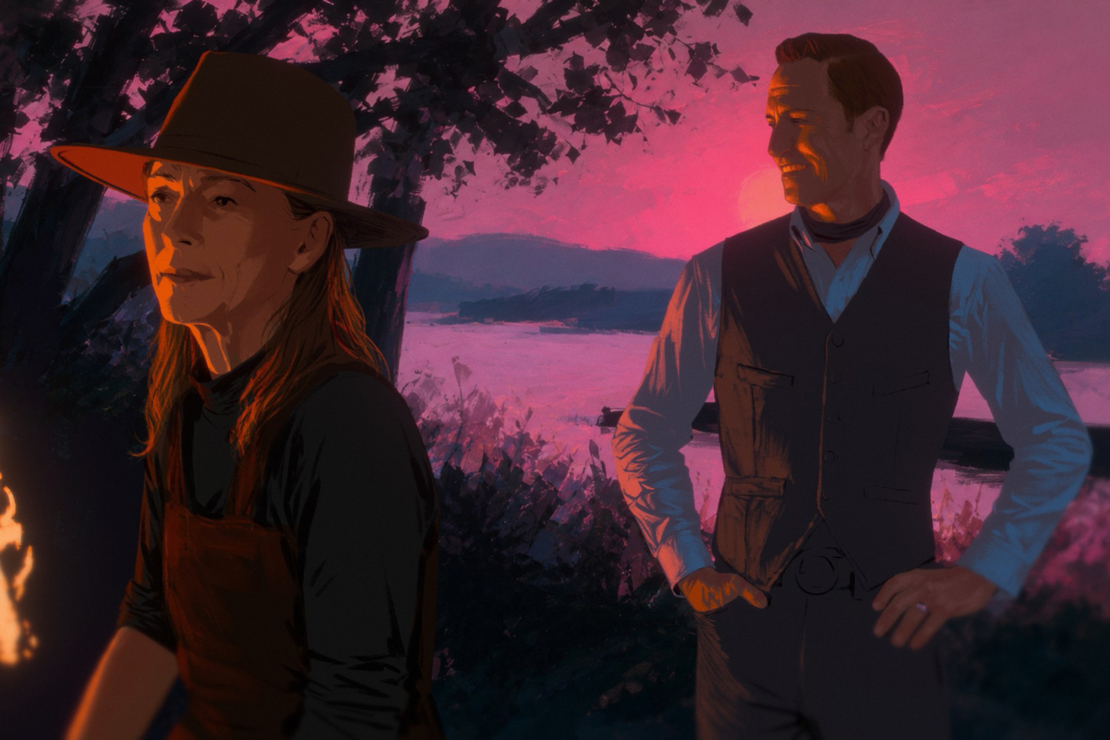 A woman in a wide-brimmed hat and apron stands near a fire, while a man in a vest smiles, with a pink sunset over a lake in the background.