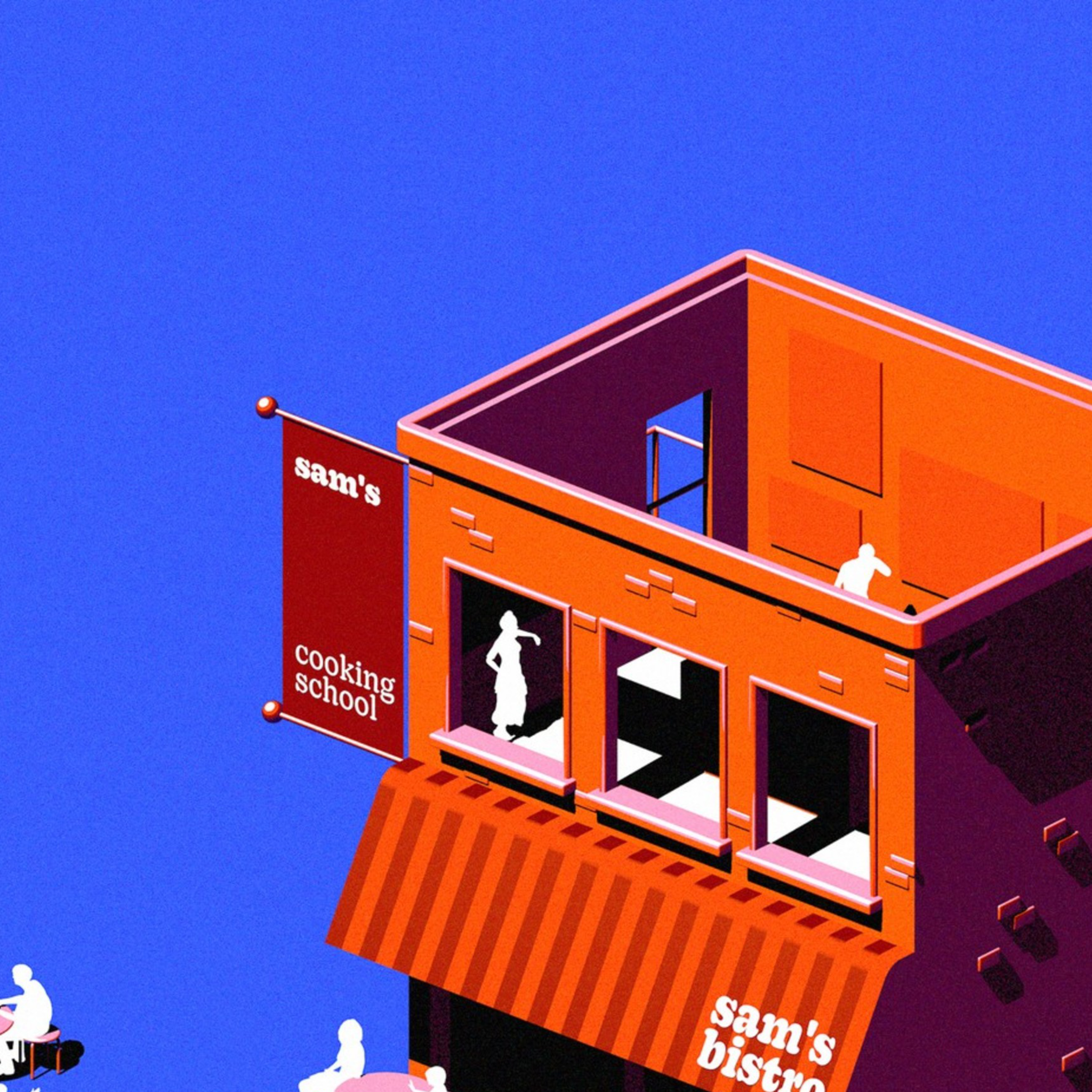 An illustration depicting a red building with tables and chairs around it.