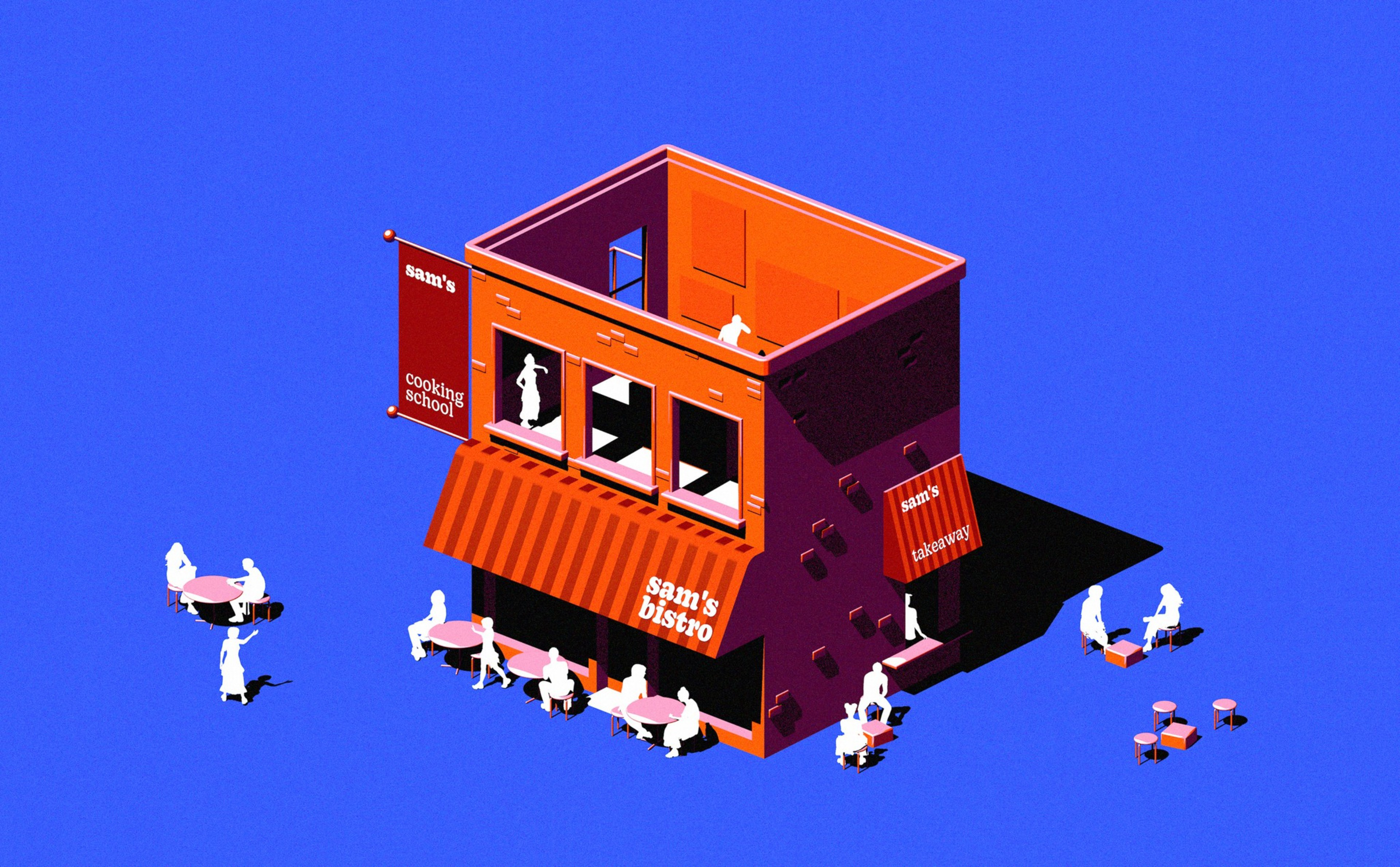 An illustration depicting a red building with tables and chairs around it.
