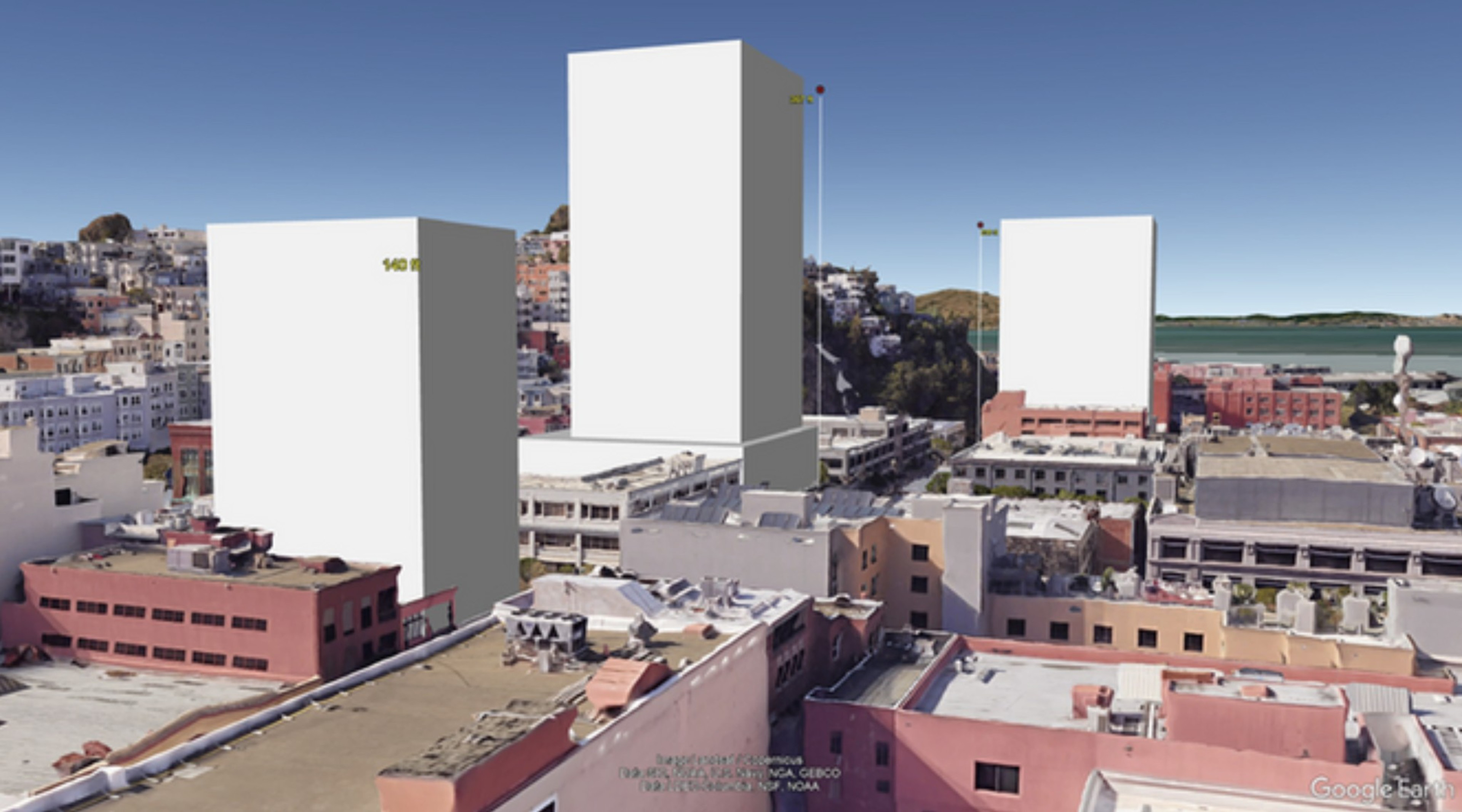 This image shows a cityscape with three prominent, white-box shaped buildings of varying heights superimposed over an existing urban area under a clear blue sky.