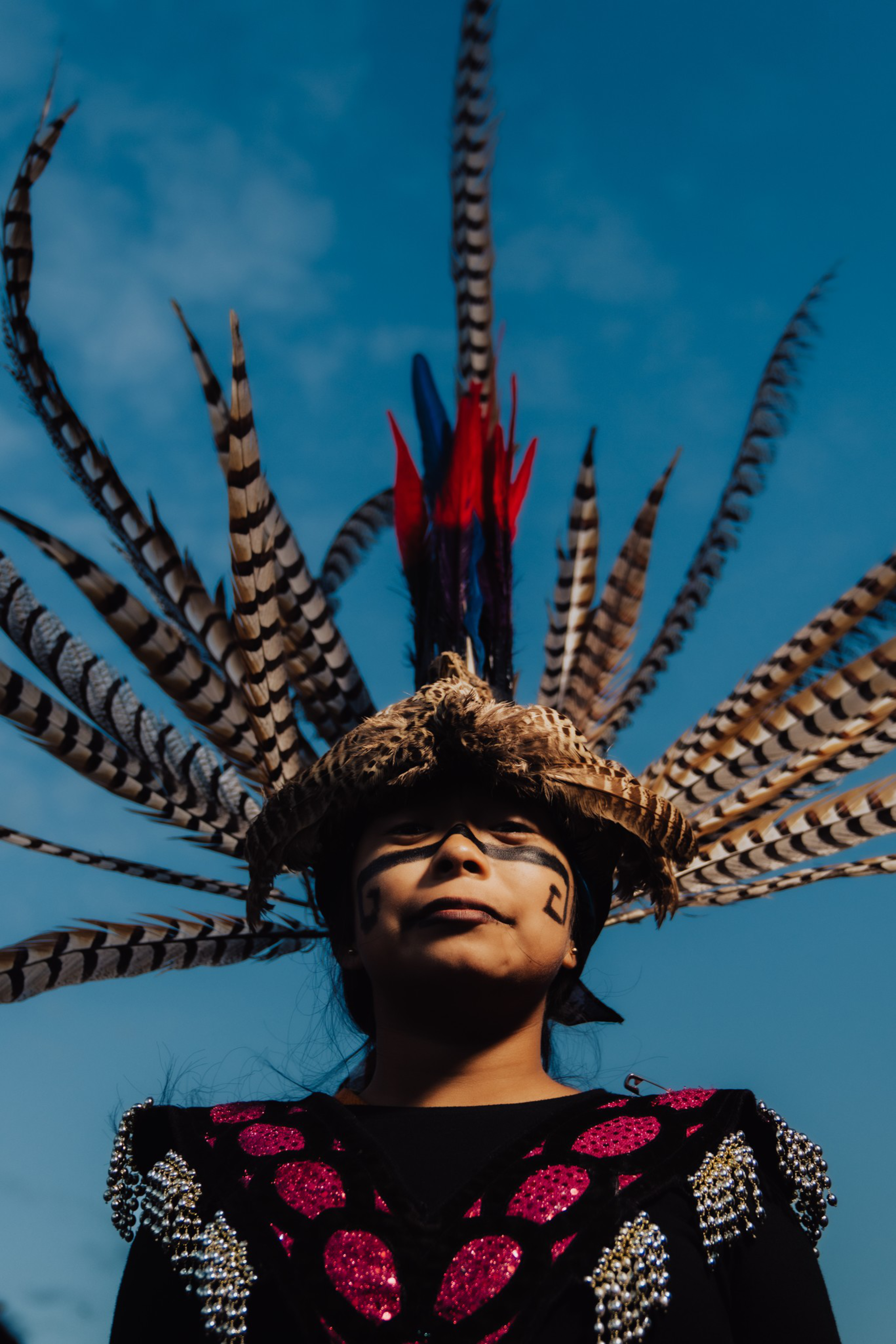 A person wears an elaborate headdress with long striped and red feathers, has black face paint designs, and a black outfit with shiny pink and silver decorations.