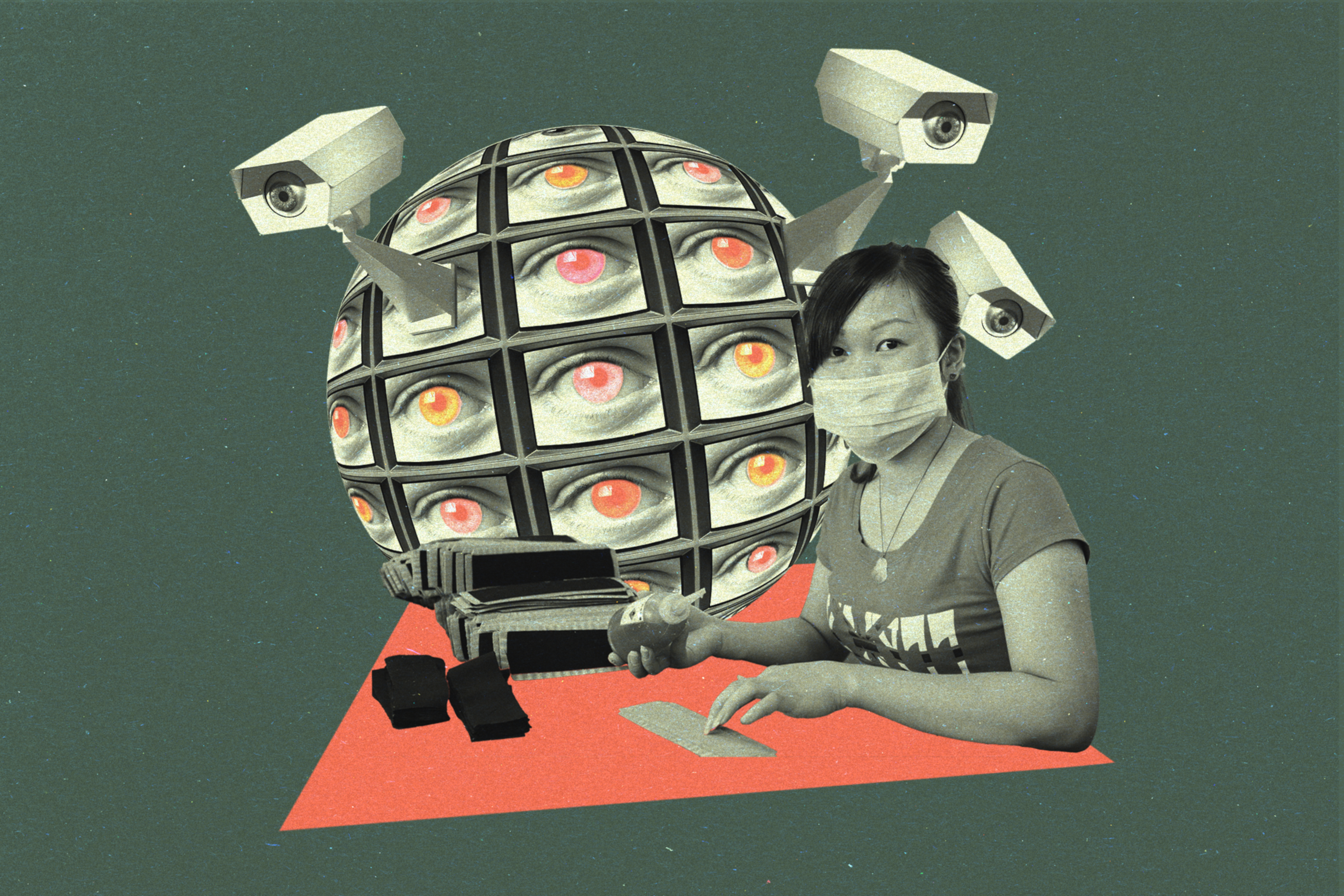 A photo illustration depicting security watching over a person